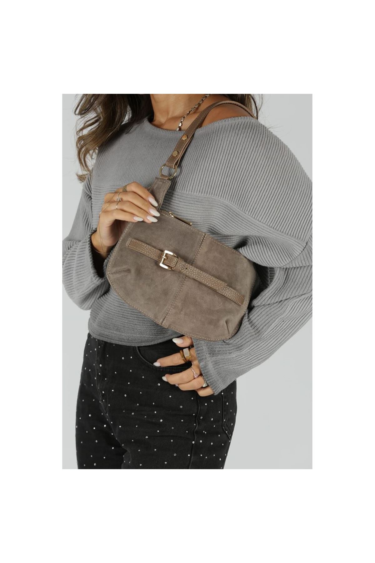 Kadın Vizon Süet Gold Toka Detaylı Slim Omuz Çantası