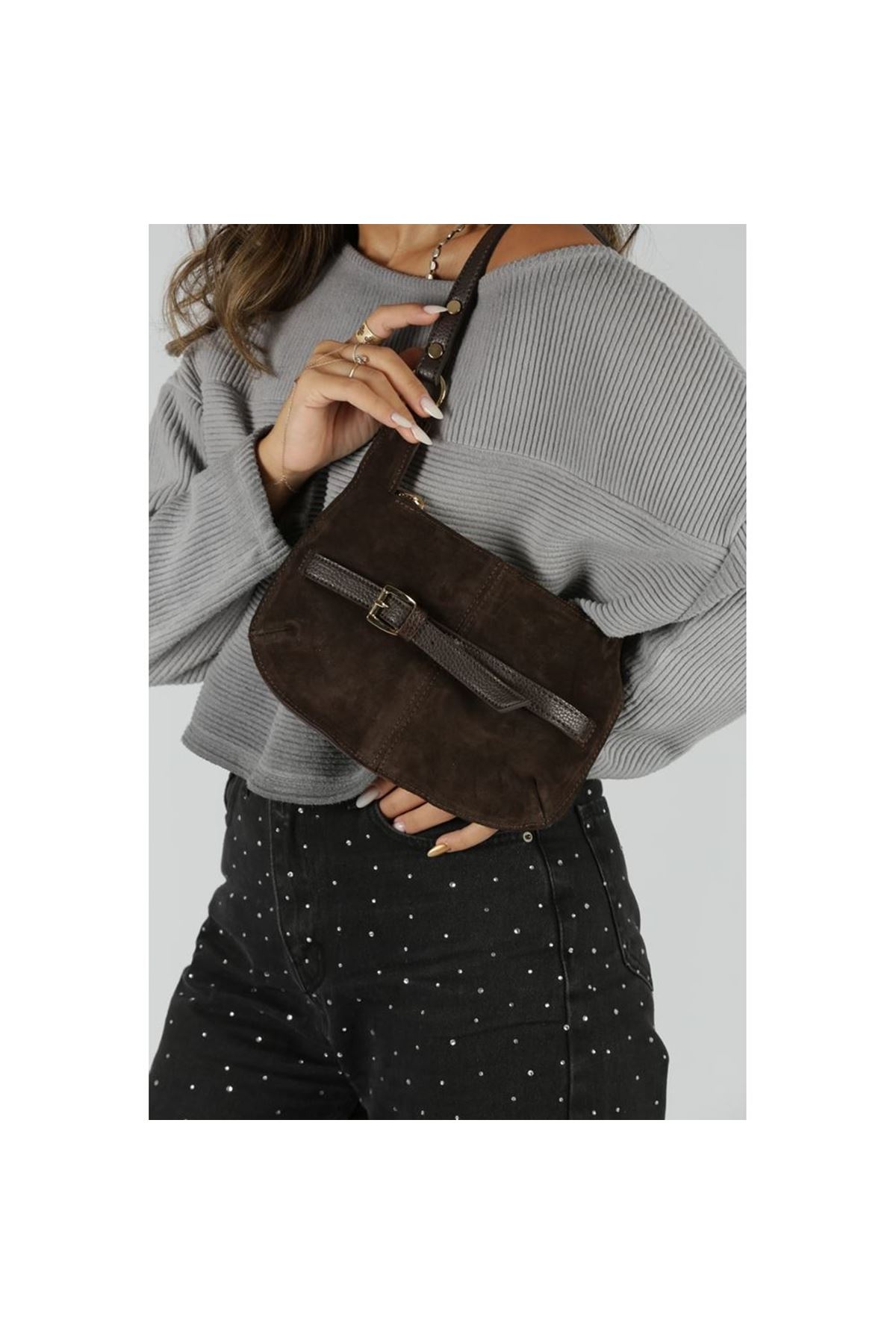 Kadın Acı Kahve Süet Gold Toka Detaylı Slim Omuz Çantası