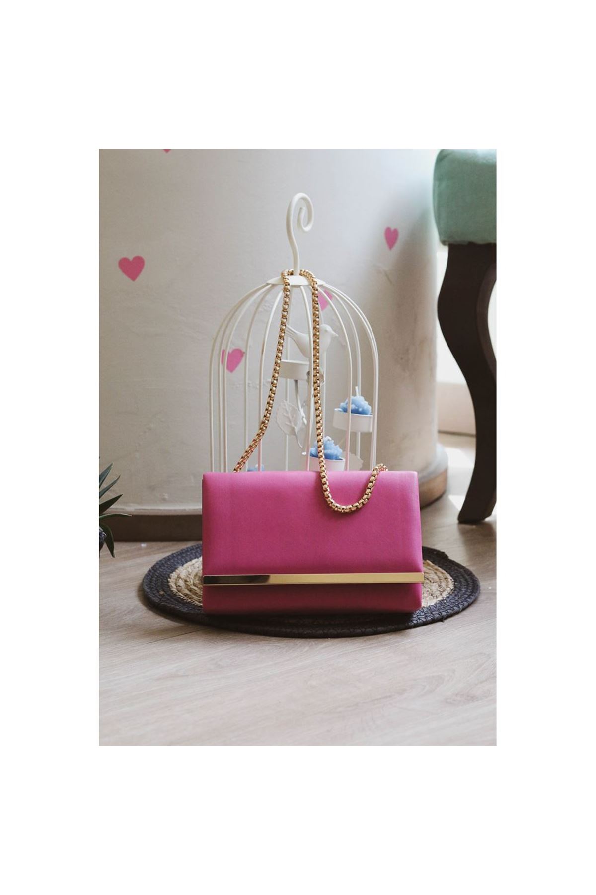 Fuşya Yumuşak Doku Gold Şerit Kalıp Omuz Çantası