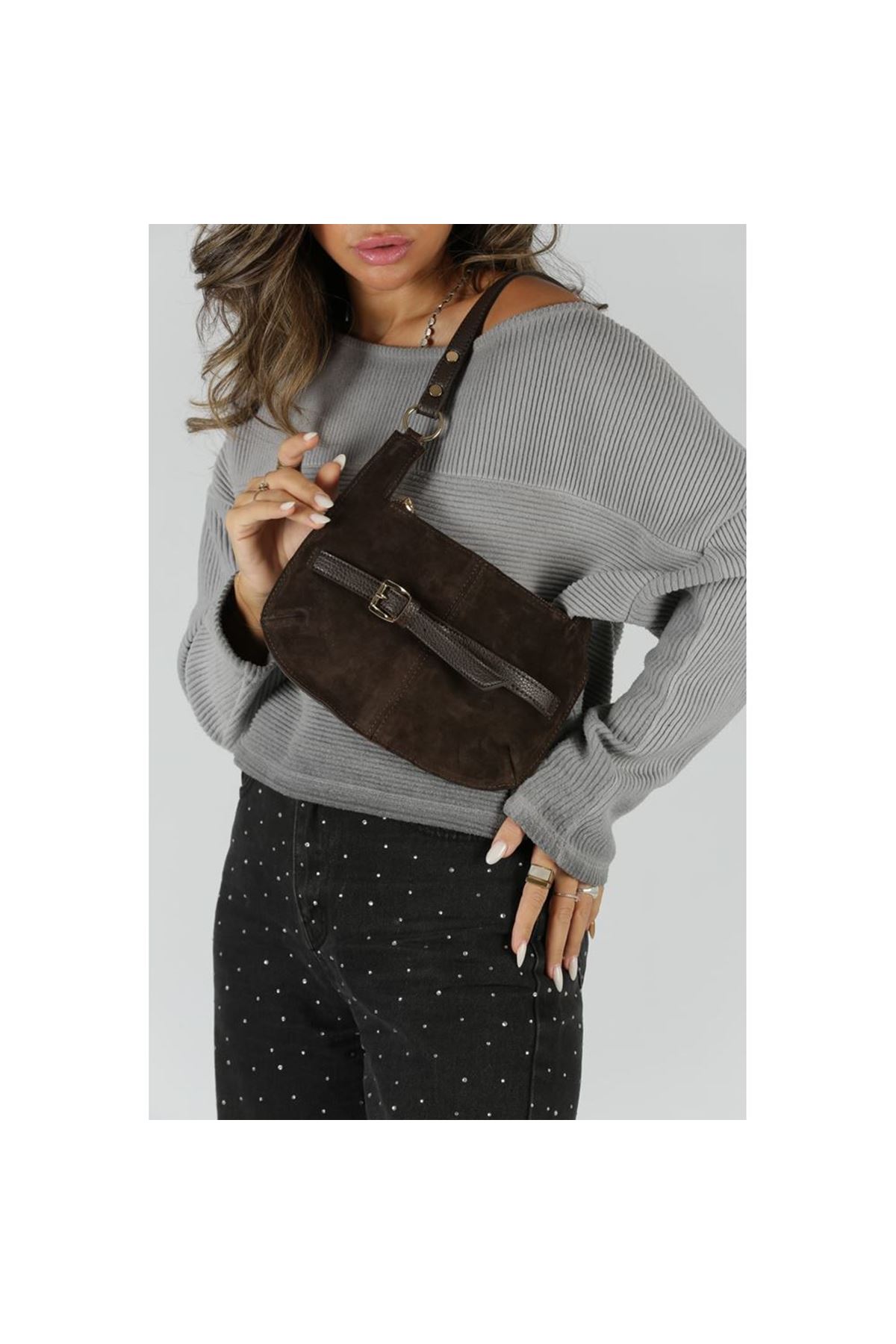 Kadın Acı Kahve Süet Gold Toka Detaylı Slim Omuz Çantası