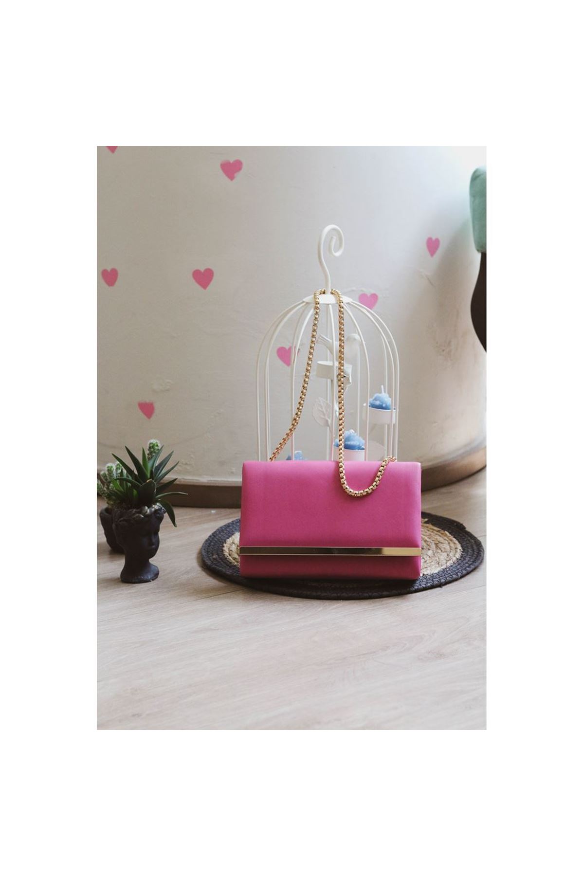 Fuşya Yumuşak Doku Gold Şerit Kalıp Omuz Çantası