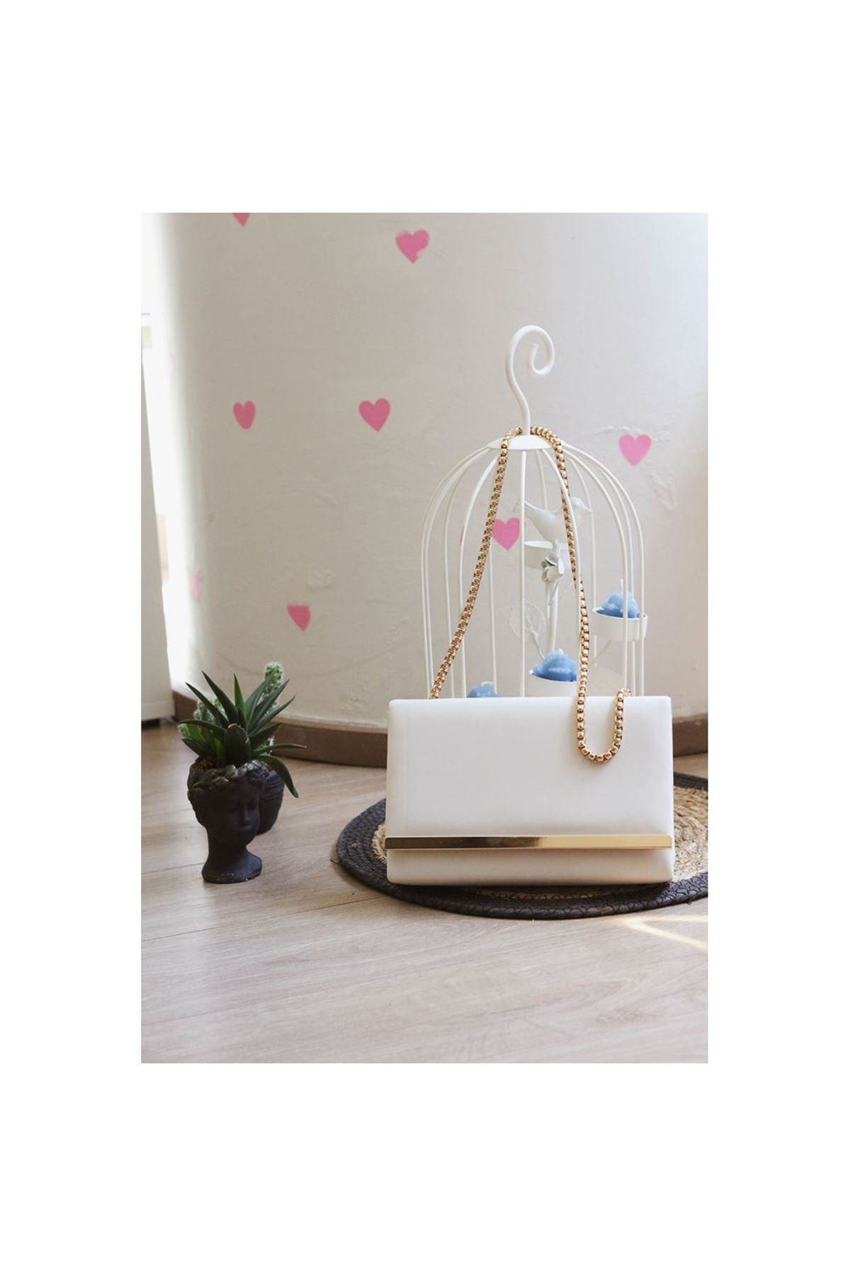 Krem Yumuşak Doku Gold Şerit Kalıp Omuz Çantası