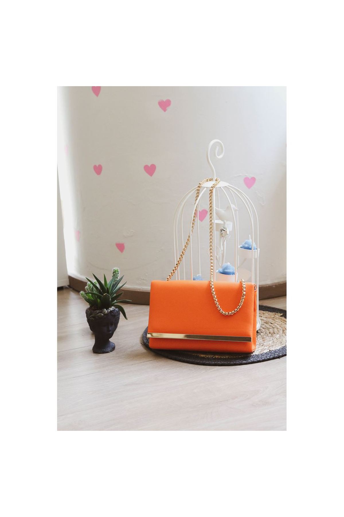Turuncu Yumuşak Doku Gold Şerit Kalıp Omuz Çantası