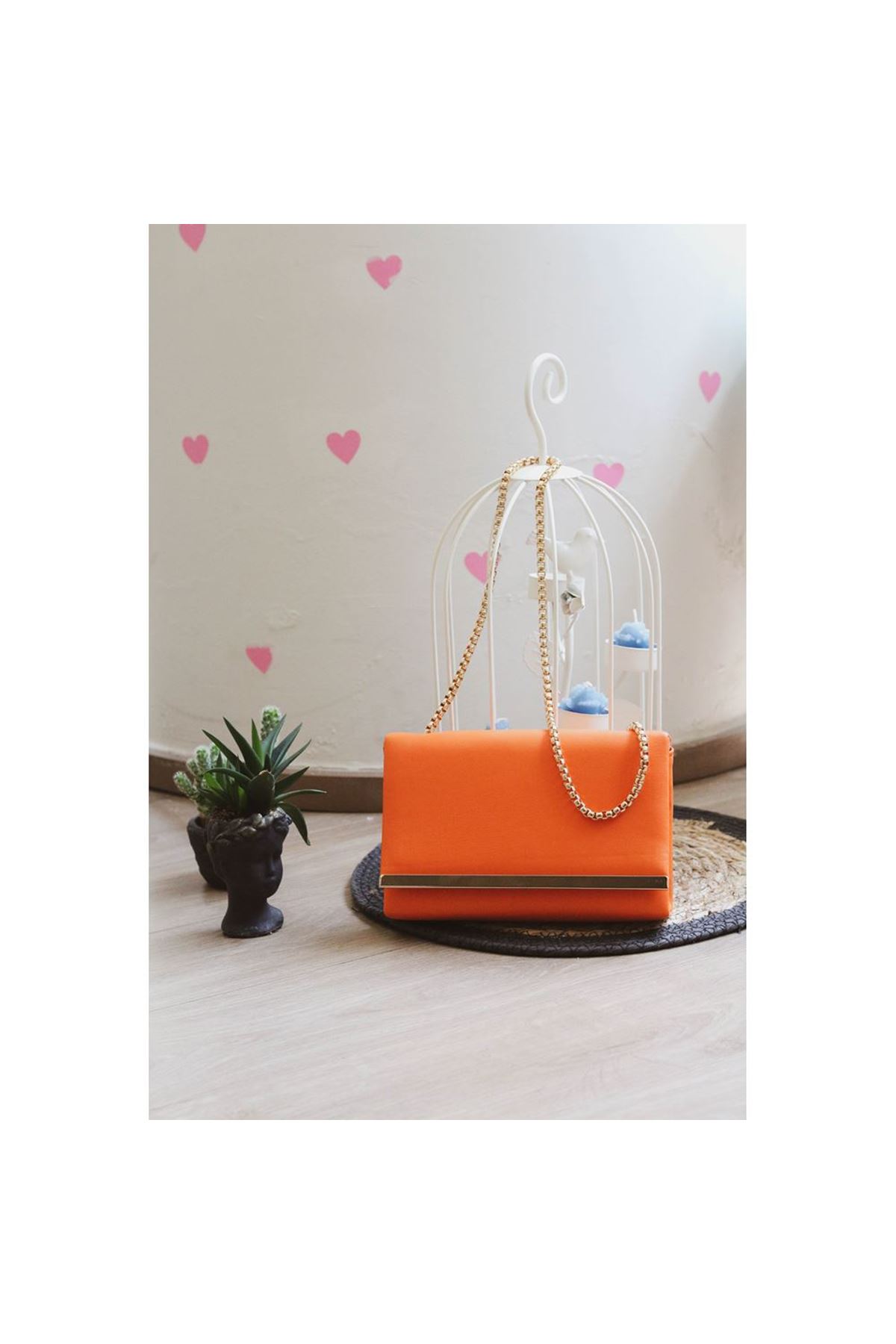 Turuncu Yumuşak Doku Gold Şerit Kalıp Omuz Çantası