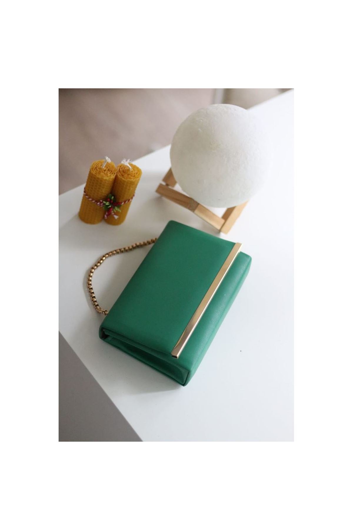 Yeşil Gold Çıtalı Omuz Çantası