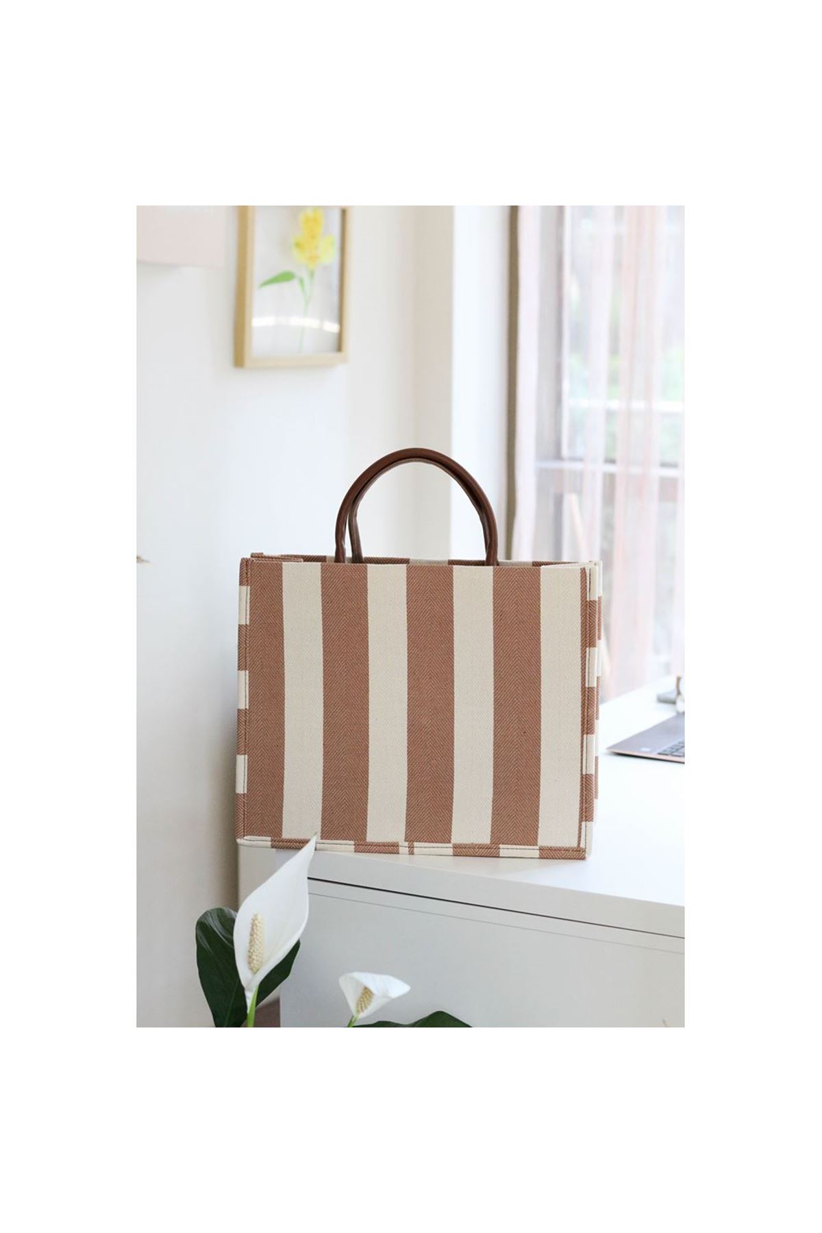 Kahve Keten Dokulu Çizgili Çanta
