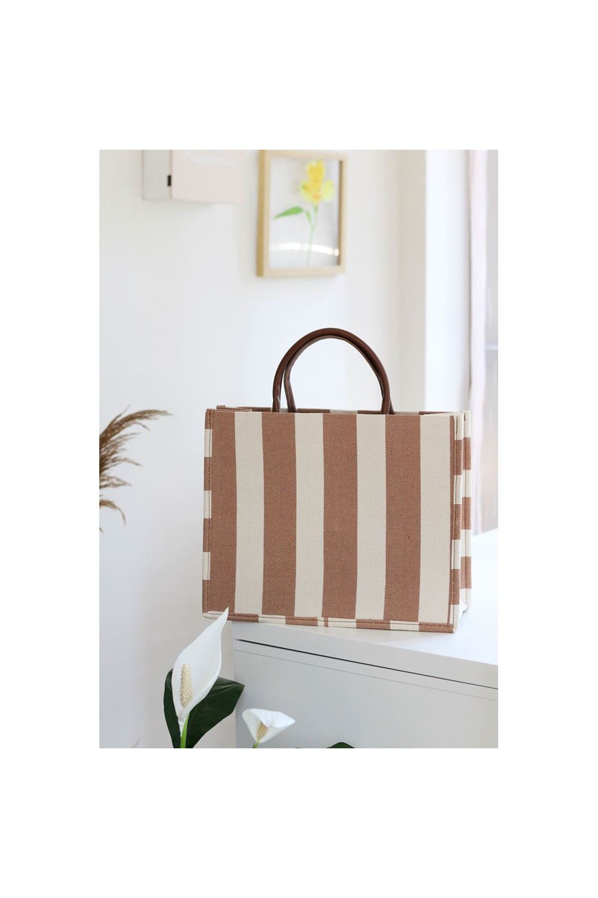 Kahve Keten Dokulu Çizgili Çanta