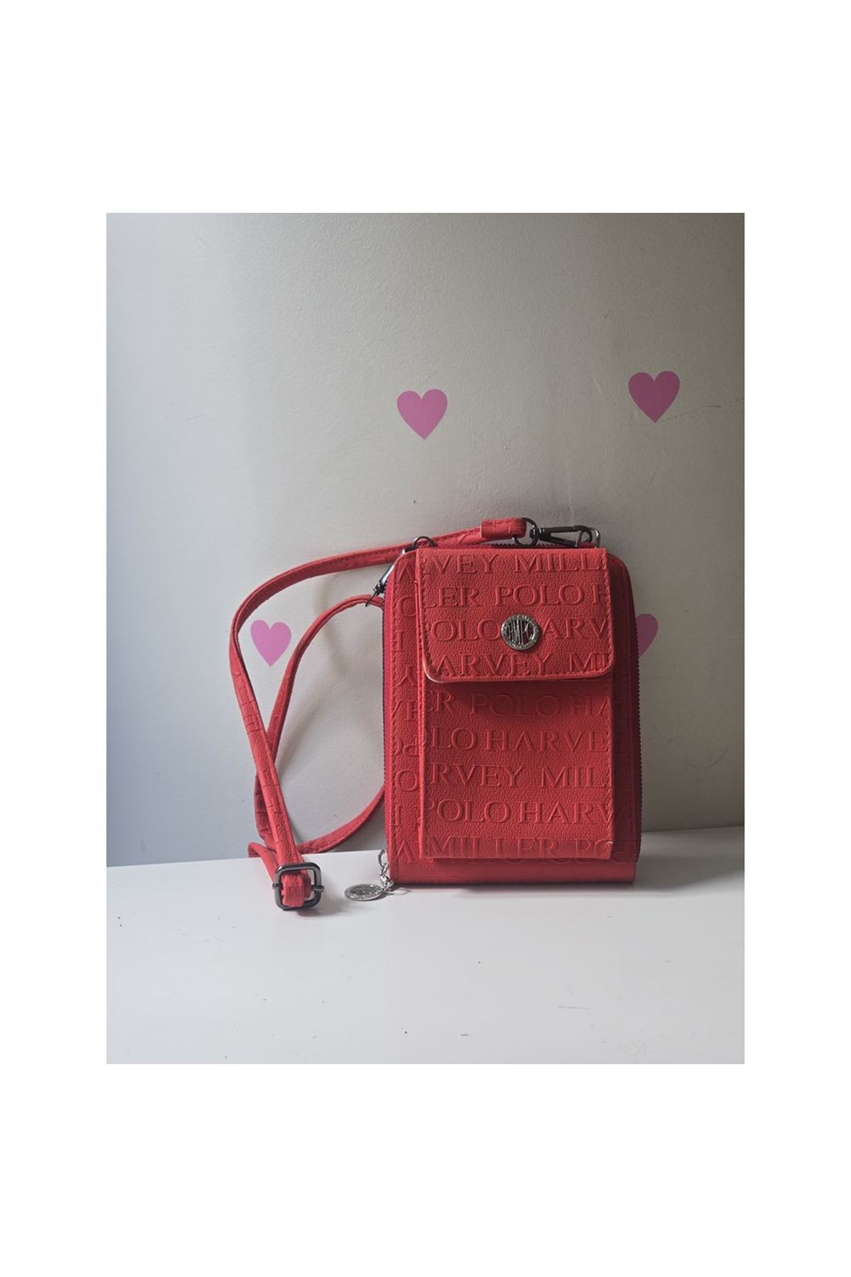 Kırmızı Kabartma Desenli 2 Gözlü Telefon Çantası