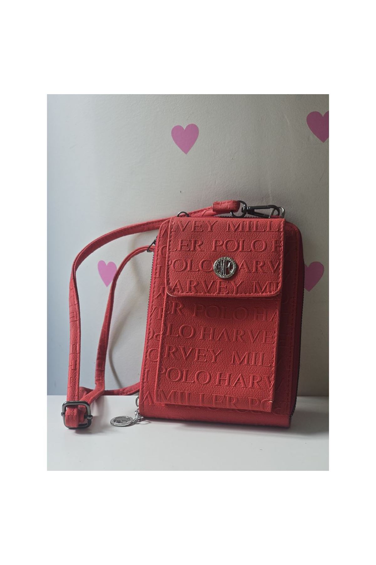 Kırmızı Kabartma Desenli 2 Gözlü Telefon Çantası