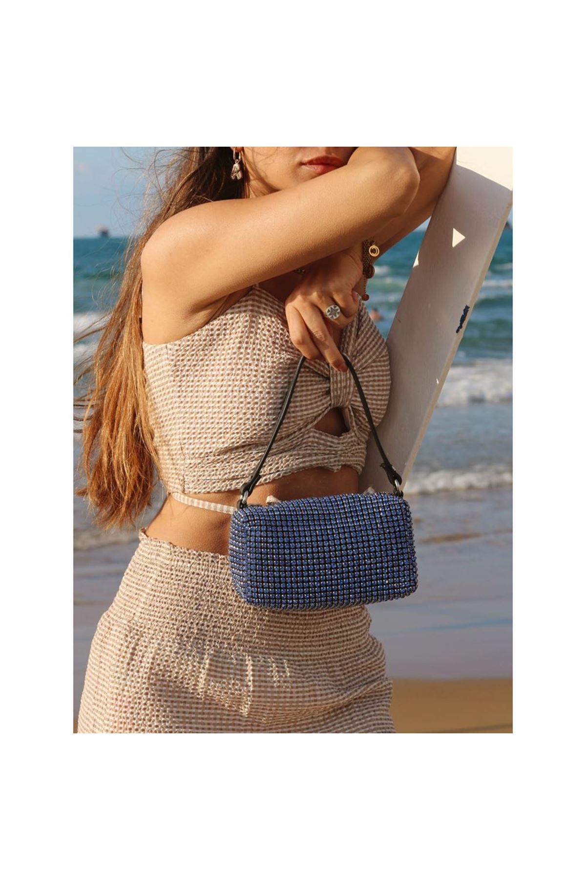 Mavi Özel Form Taş İşleme El &amp;amp; Omuz Çantası