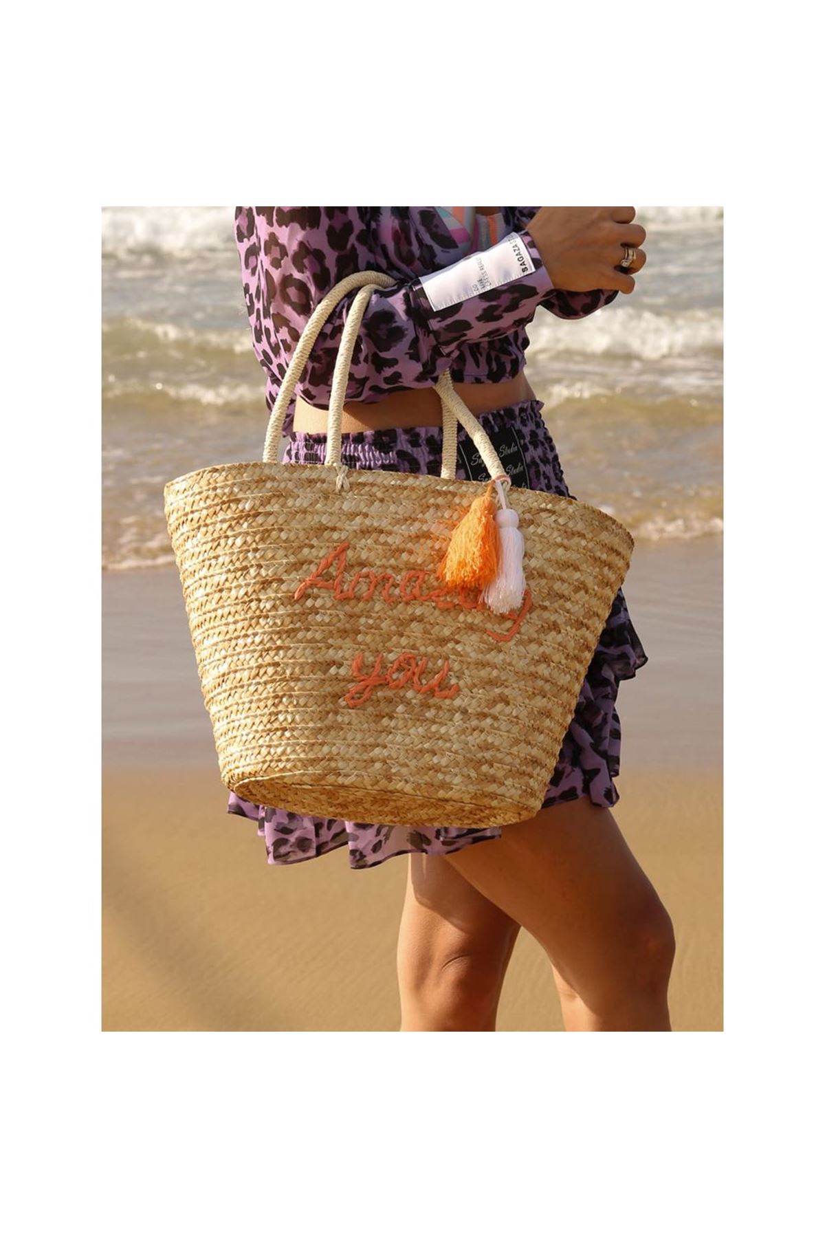 Turuncu Püskül Detay Yazı İşleme Hasır Omuz Çantası