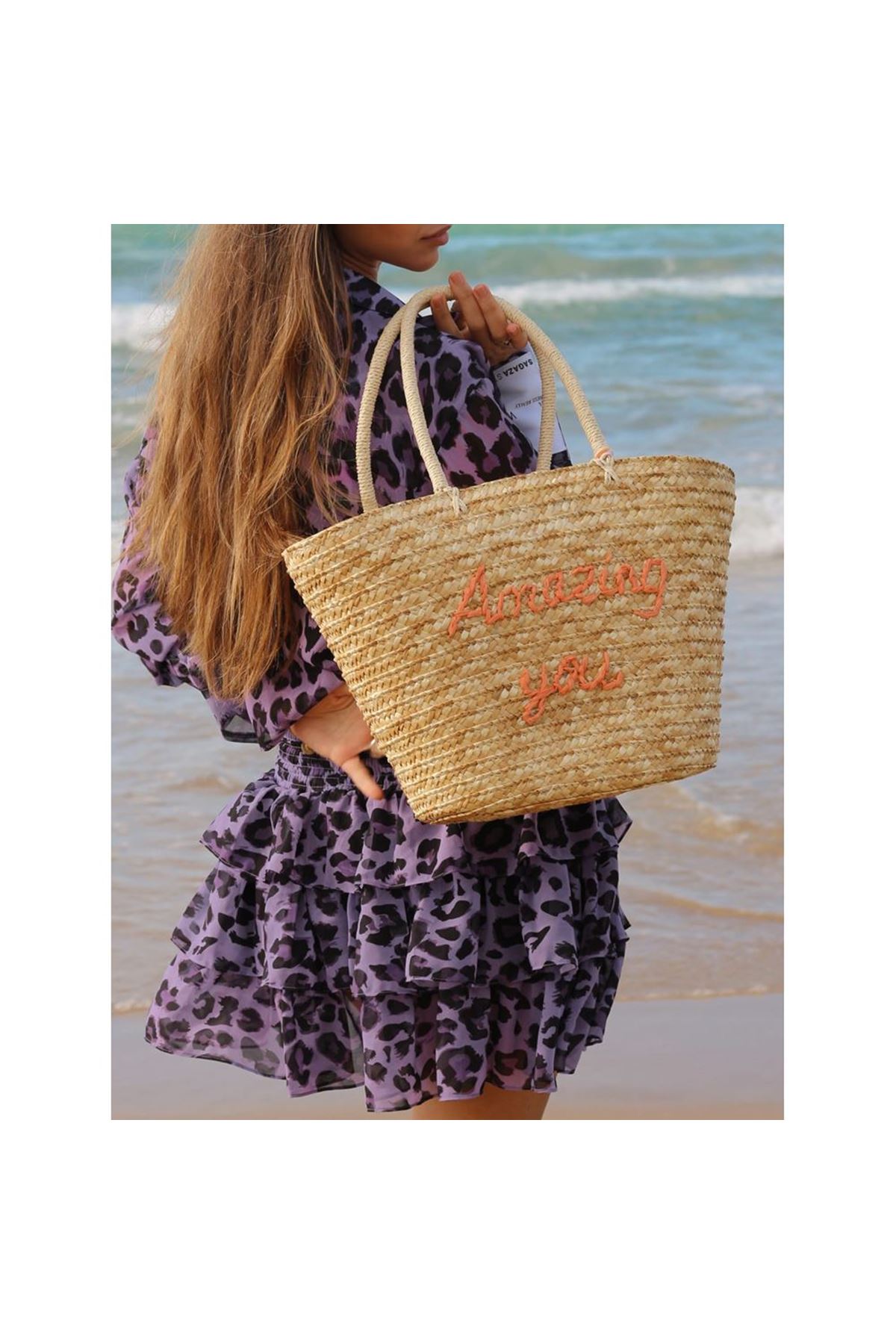 Turuncu Püskül Detay Yazı İşleme Hasır Omuz Çantası