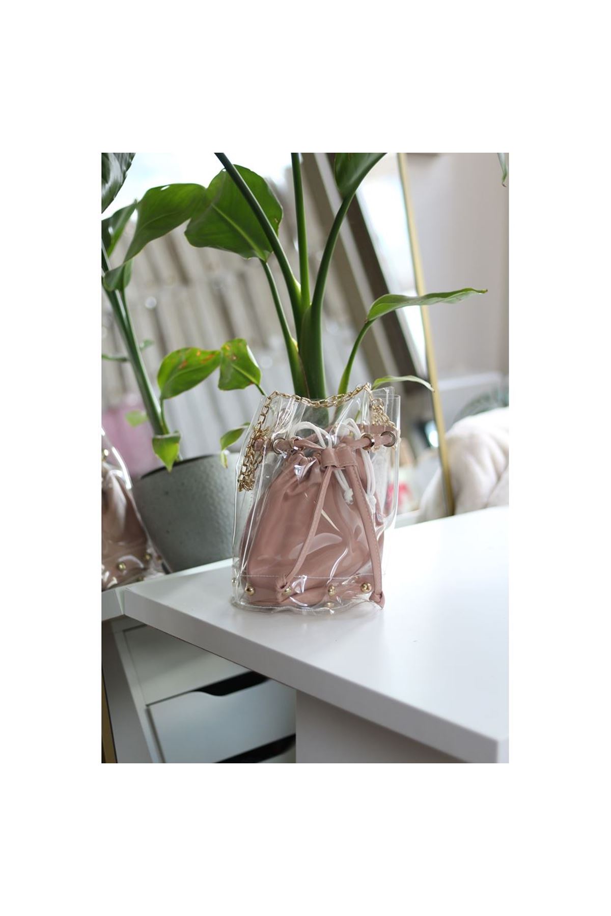 Kadın Pudra Bohça Şeffaf Zincirli Omuz Çantası