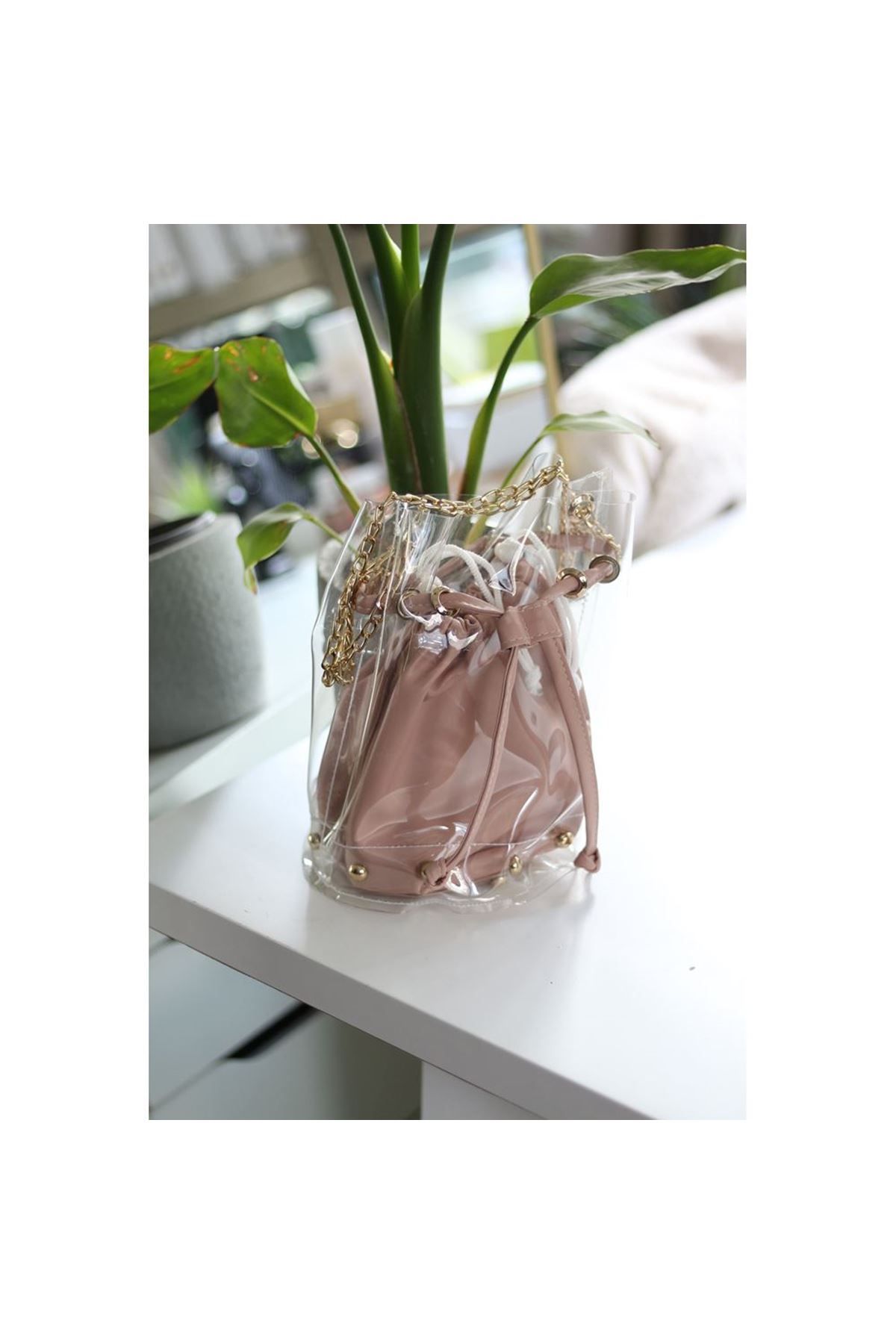 Kadın Pudra Bohça Şeffaf Zincirli Omuz Çantası