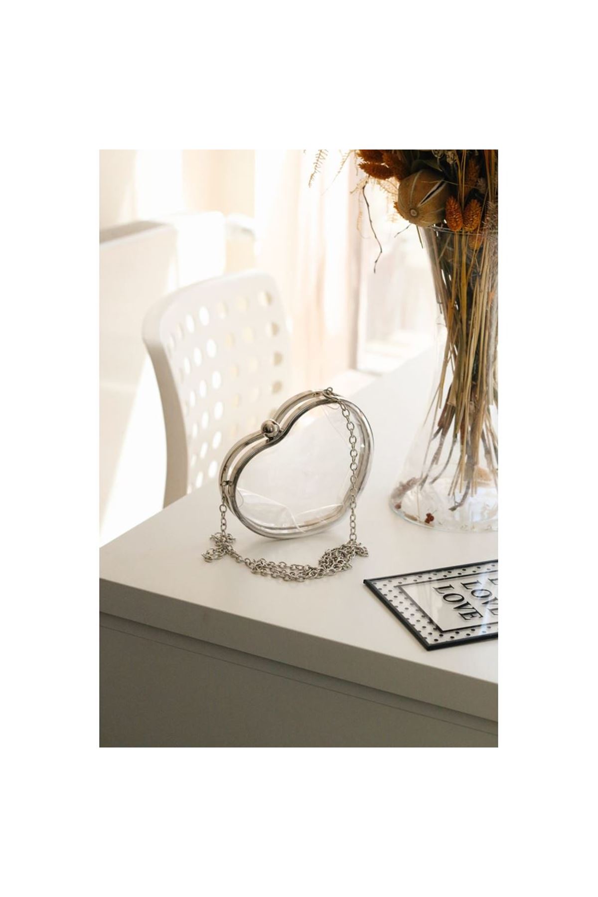 Şeffaf Kalp Form Silver Abiye Çanta