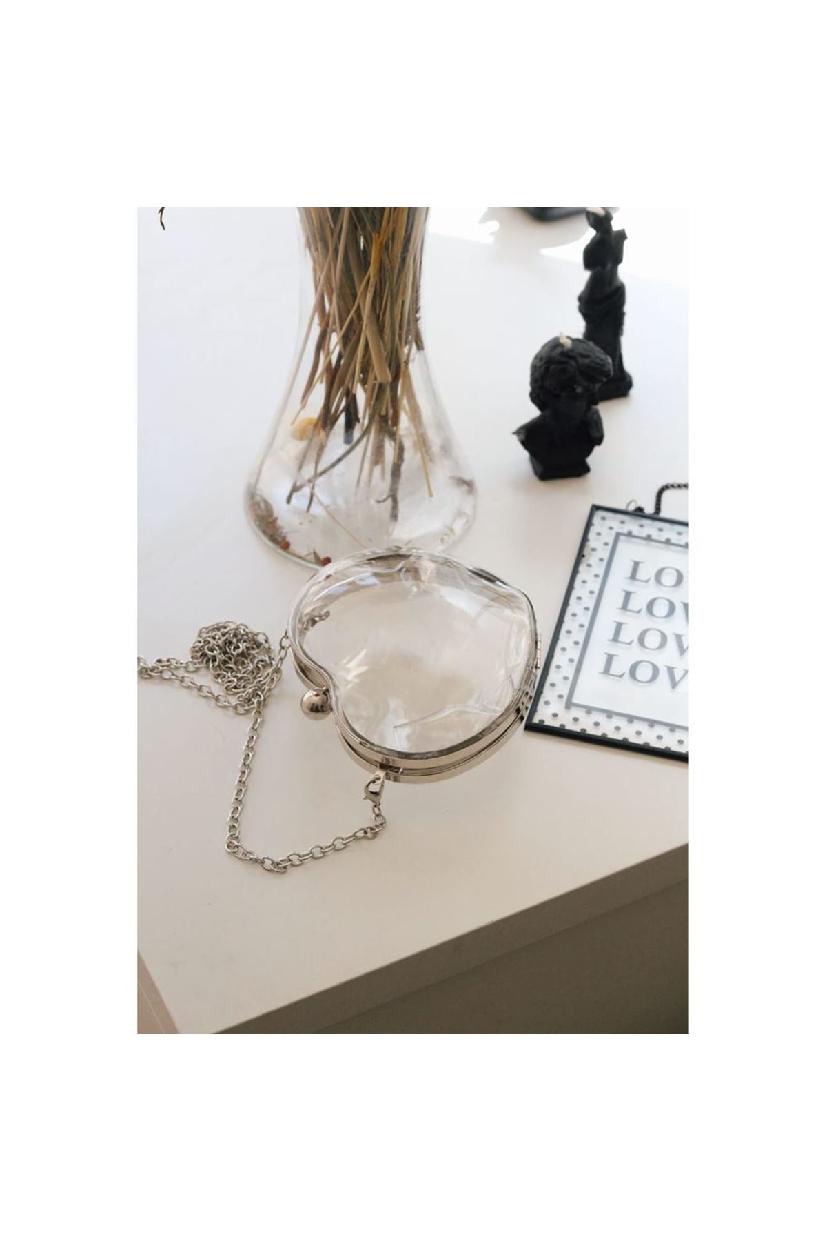 Şeffaf Kalp Form Silver Abiye Çanta