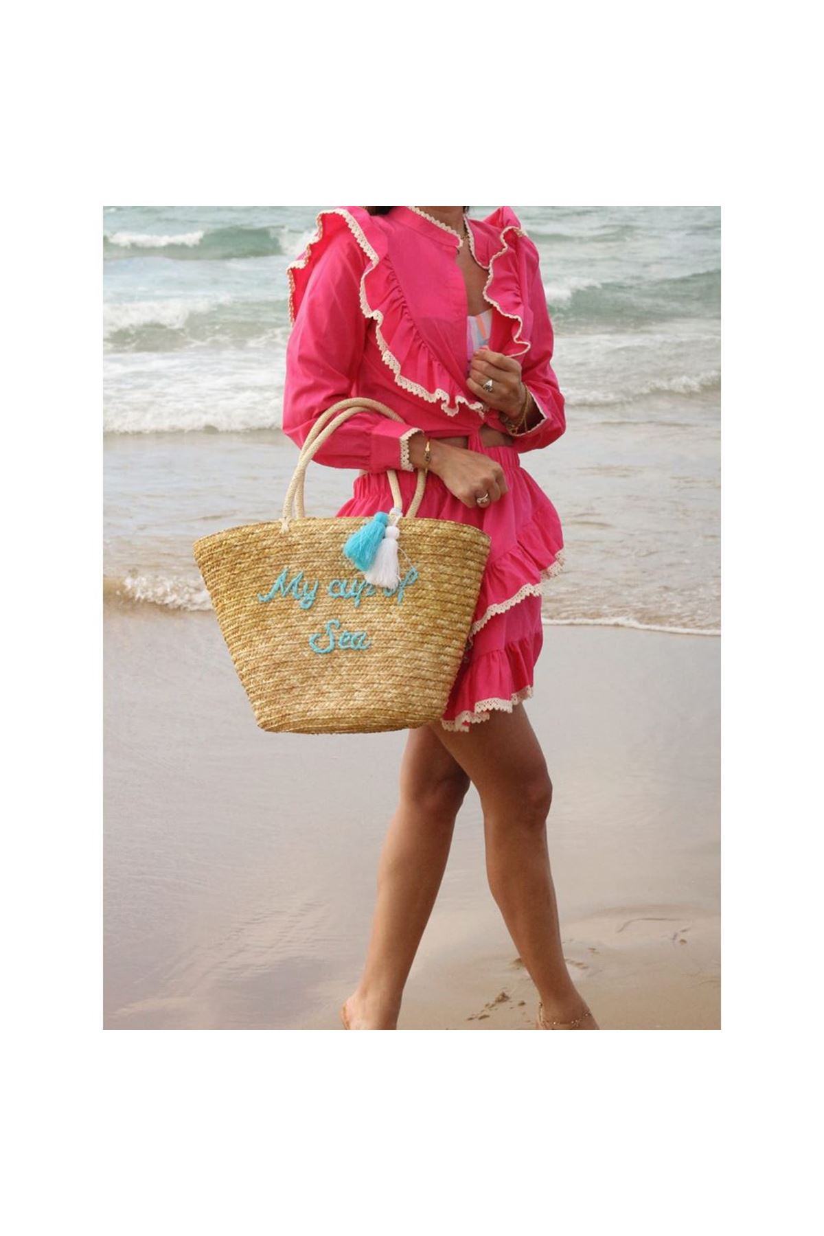 Turkuaz Püskül Detay Yazı İşleme Hasır Omuz Çantası