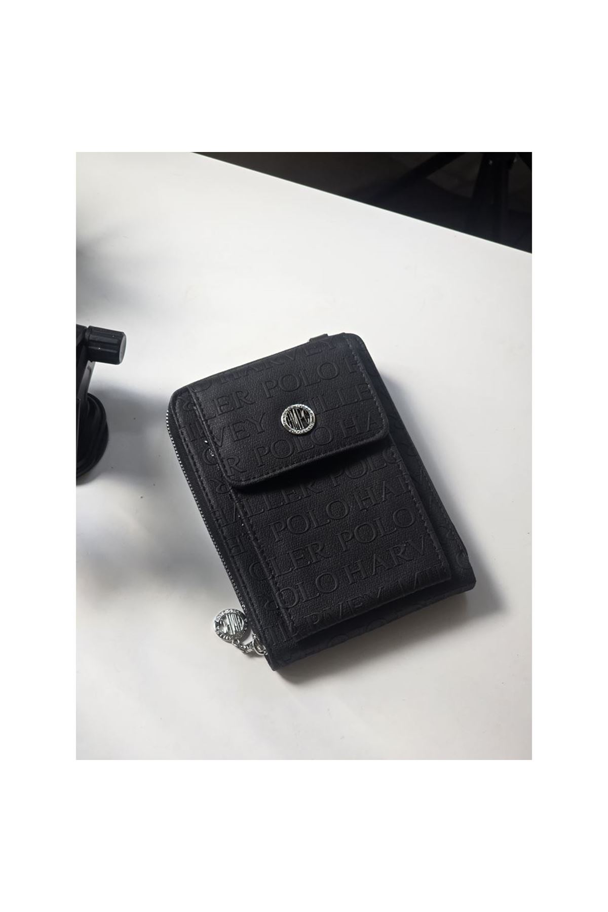 Siyah Kabartma Desenli 2 gözlü Telefon Çantası