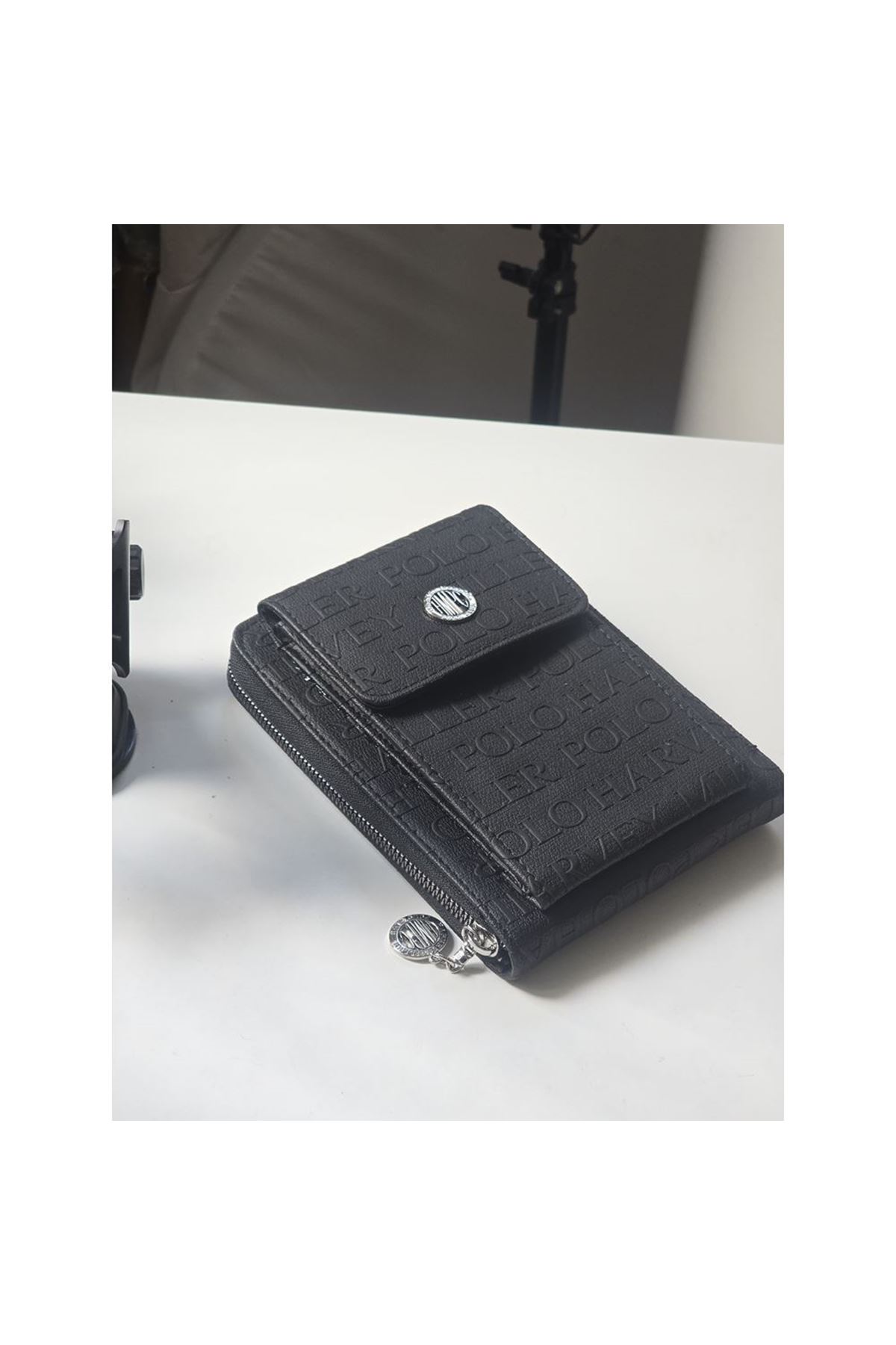 Siyah Kabartma Desenli 2 gözlü Telefon Çantası