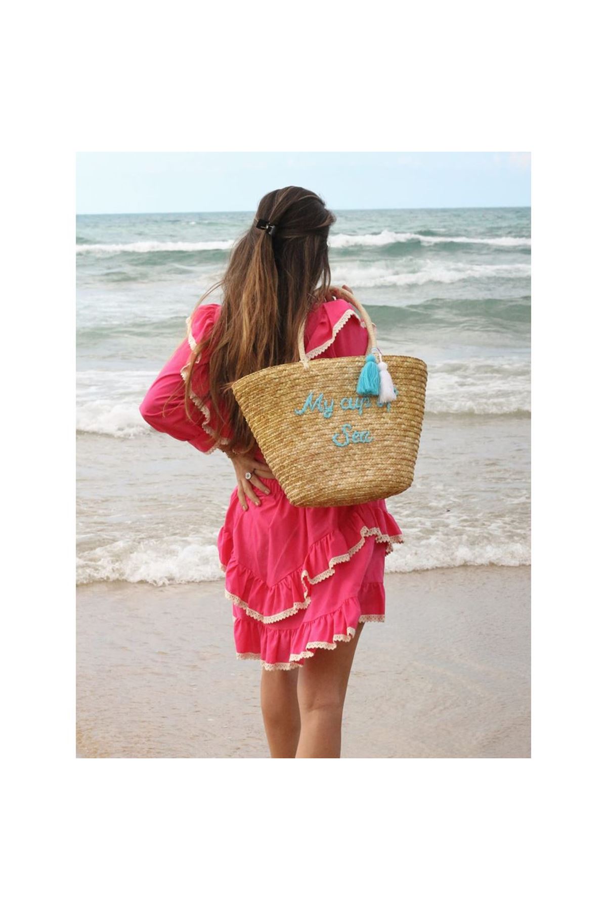 Turkuaz Püskül Detay Yazı İşleme Hasır Omuz Çantası