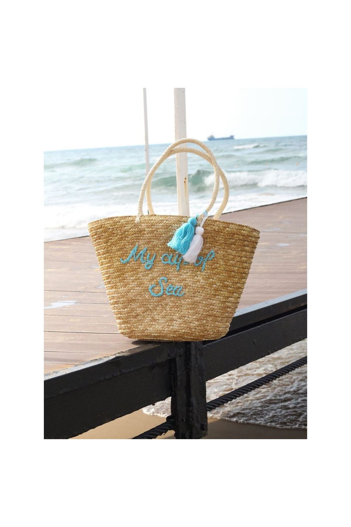 Turkuaz Püskül Detay Yazı İşleme Hasır Omuz Çantası