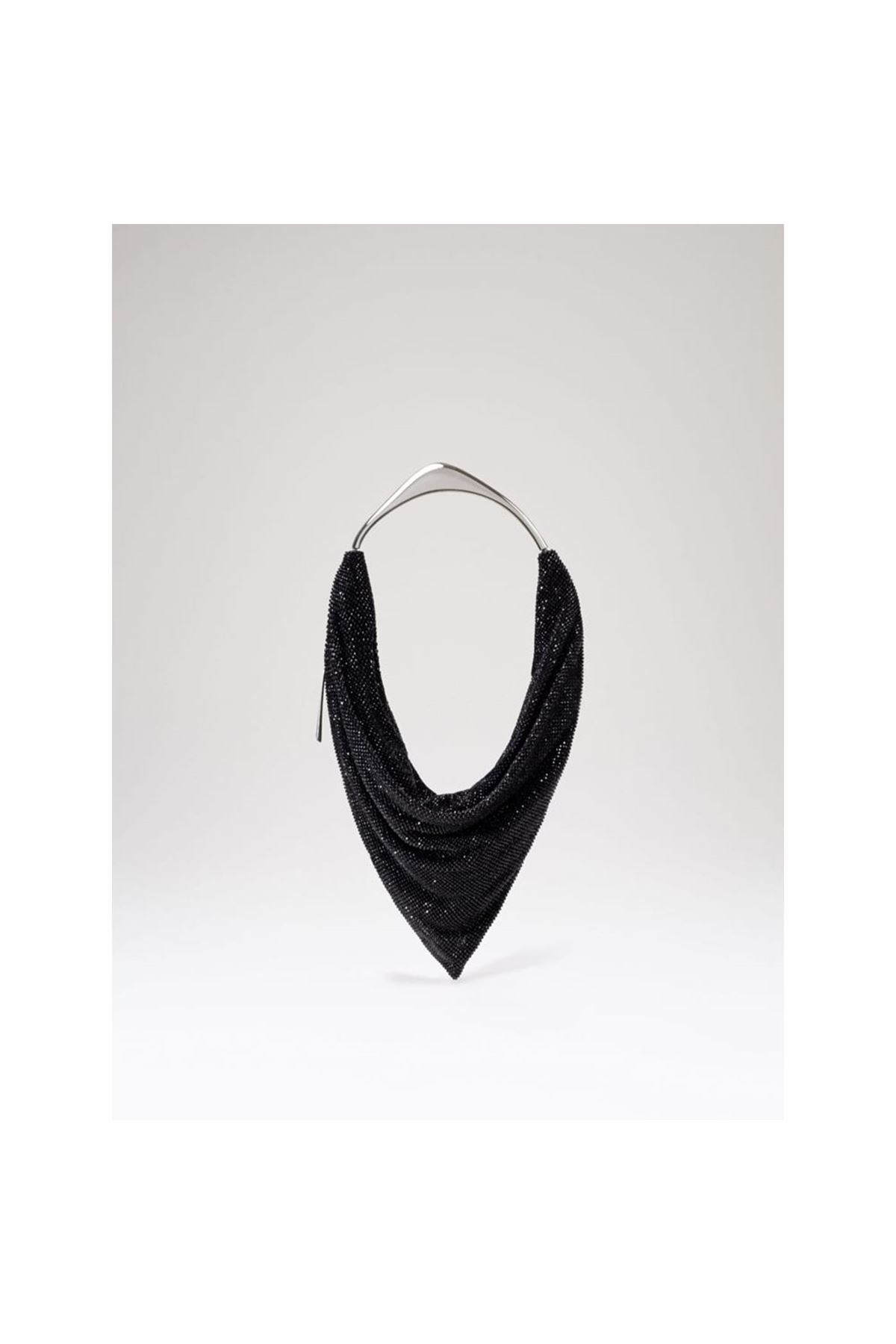 Kadın Siyah Taş Dokuma Metal Tutma Sap Detaylı Abiye Çanta