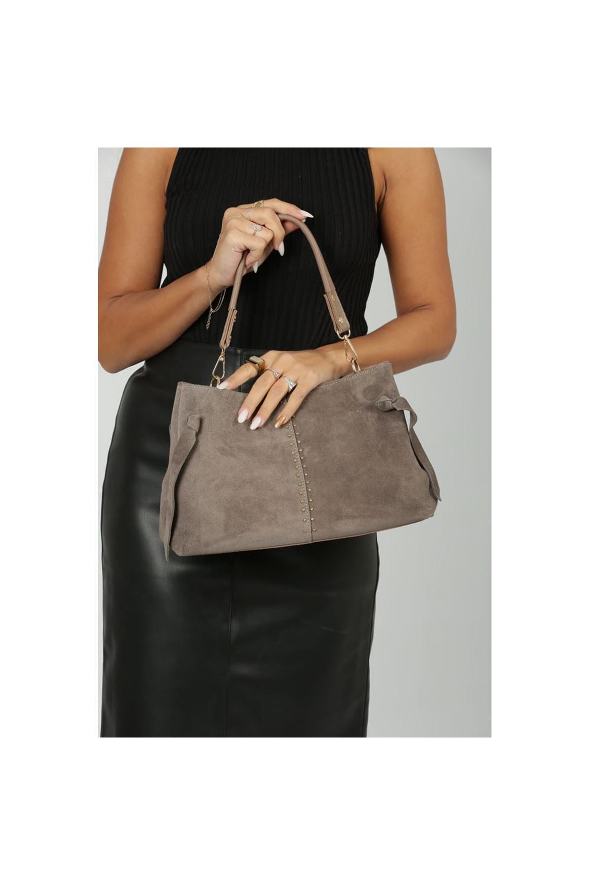 Kadın Vizon Süet Gold Zımba Detaylı Omuz Çantası