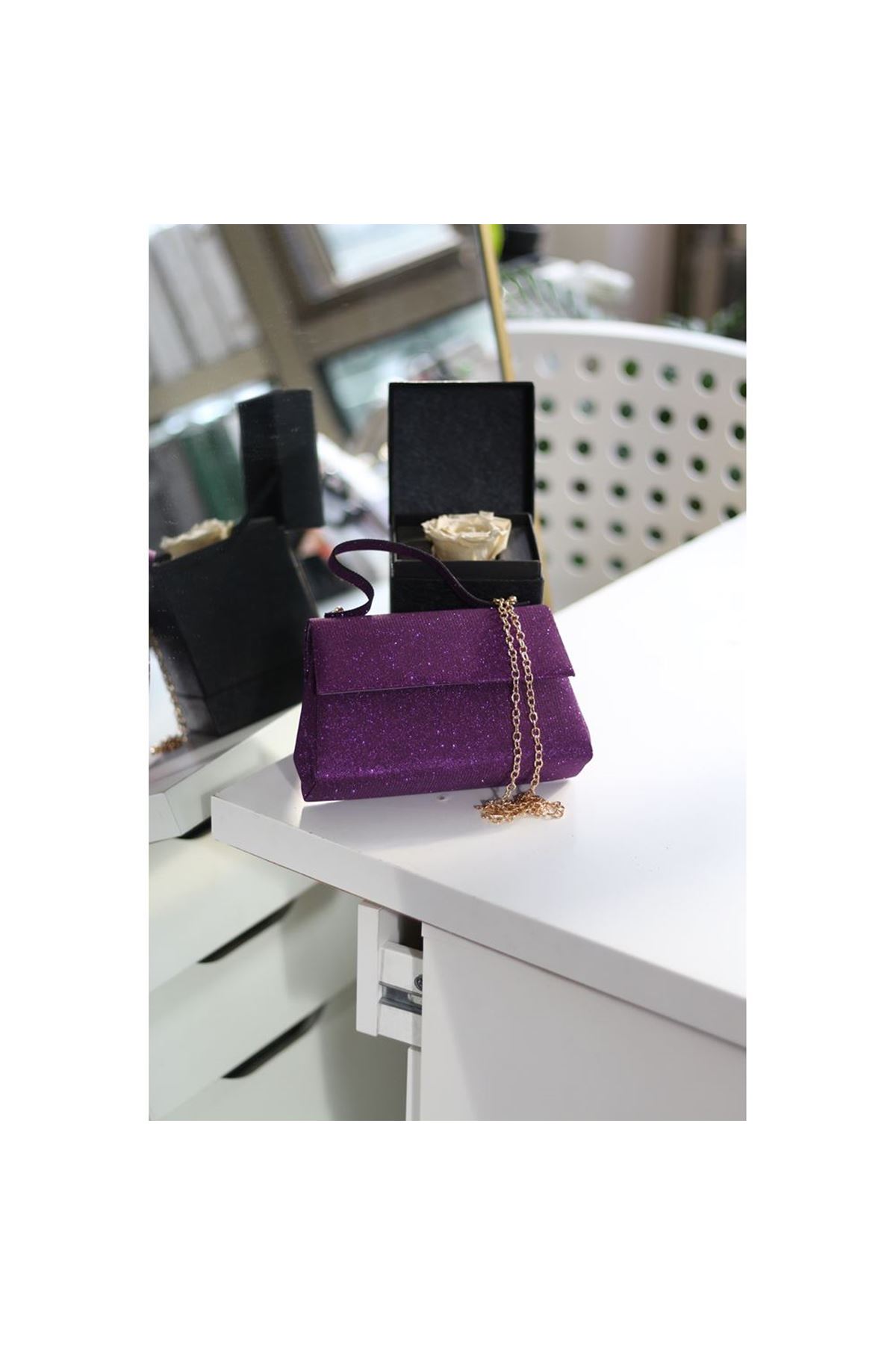 Kadın Mor Simli Tutma Detaylı Abiye Omuz Çantası