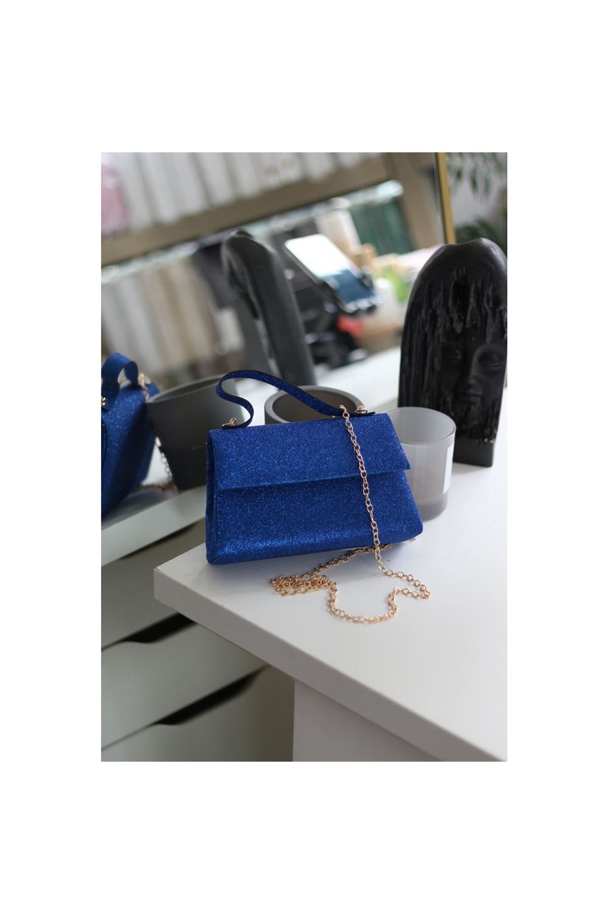 Kadın Mavi Simli Tutma Detaylı Abiye Omuz Çantası