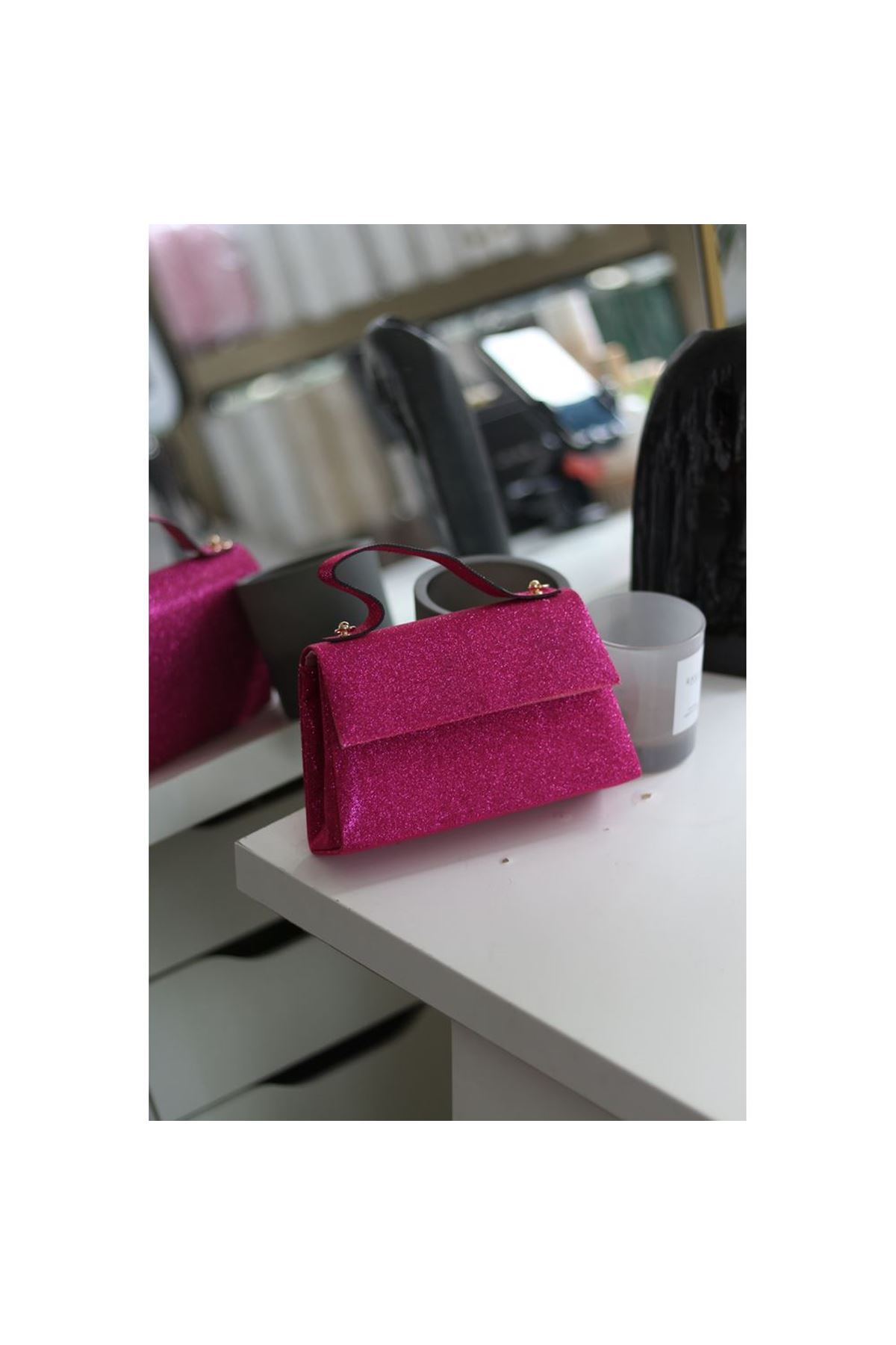 Kadın Fuşya Simli Tutma Detaylı Abiye Omuz Çantası