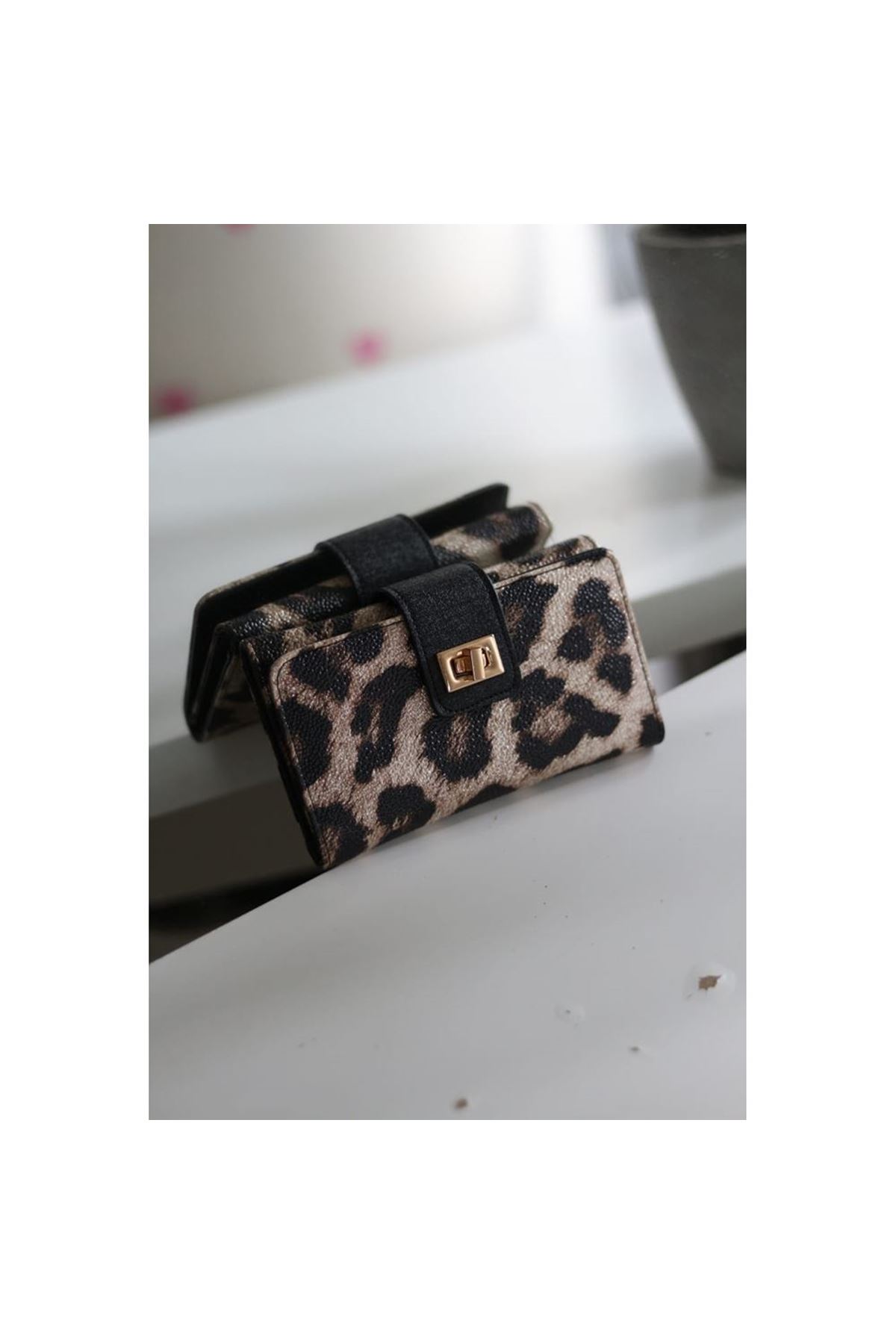 Kadın Leopar Gold Aksesuar Detaylı Cüzdan