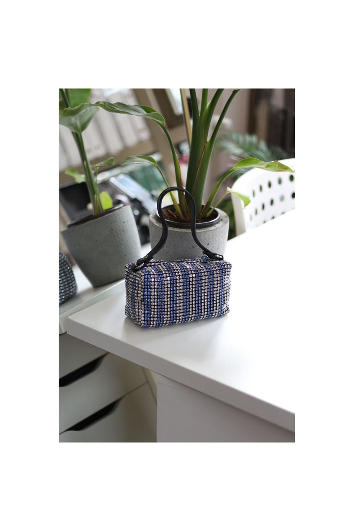 Kadın Silver Mavi Deri Askılı Taşlı Abiye Omuz Çantası