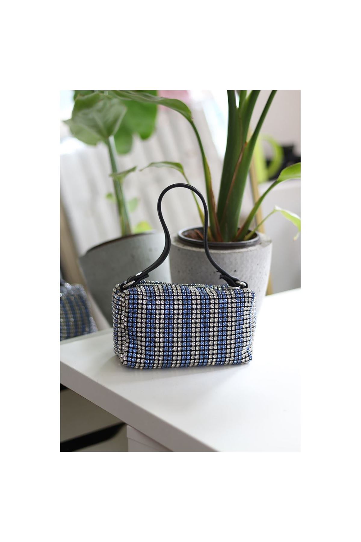 Kadın Silver Mavi Deri Askılı Taşlı Abiye Omuz Çantası