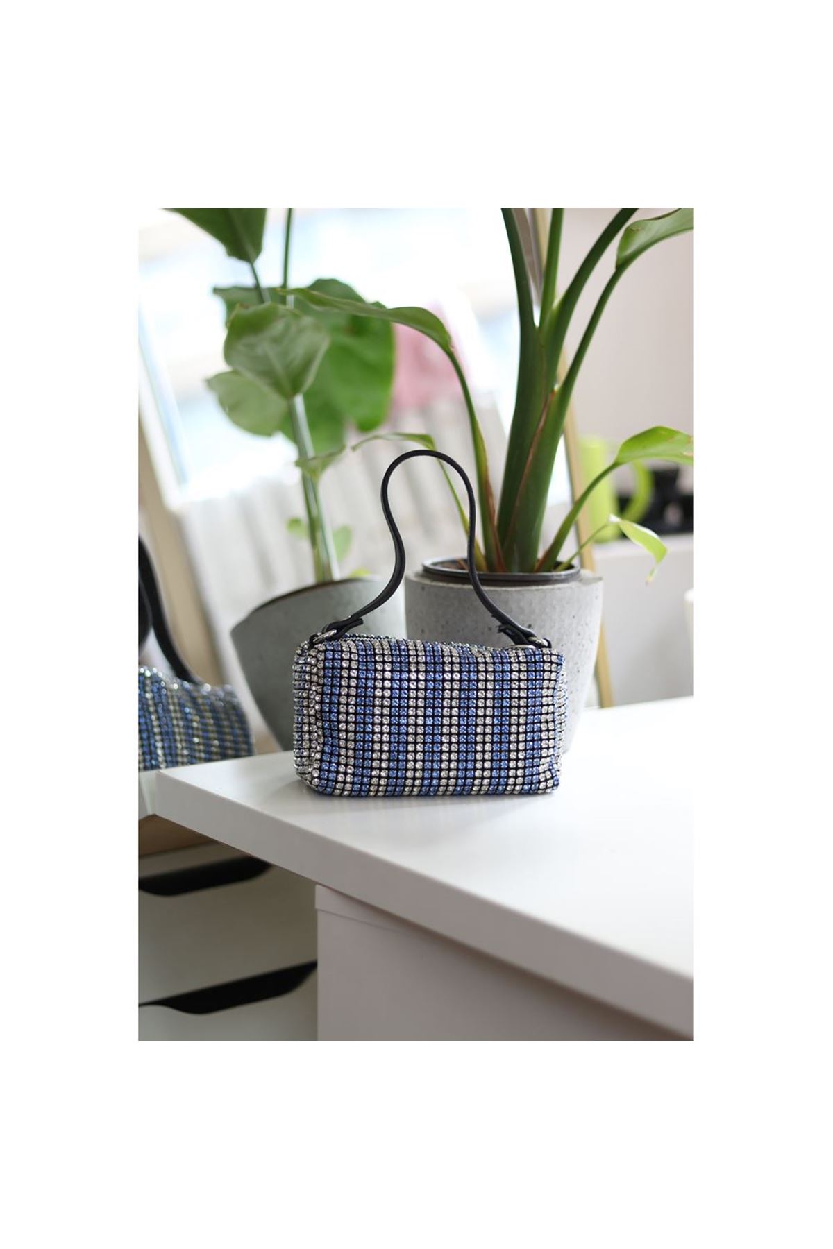 Kadın Silver Mavi Deri Askılı Taşlı Abiye Omuz Çantası