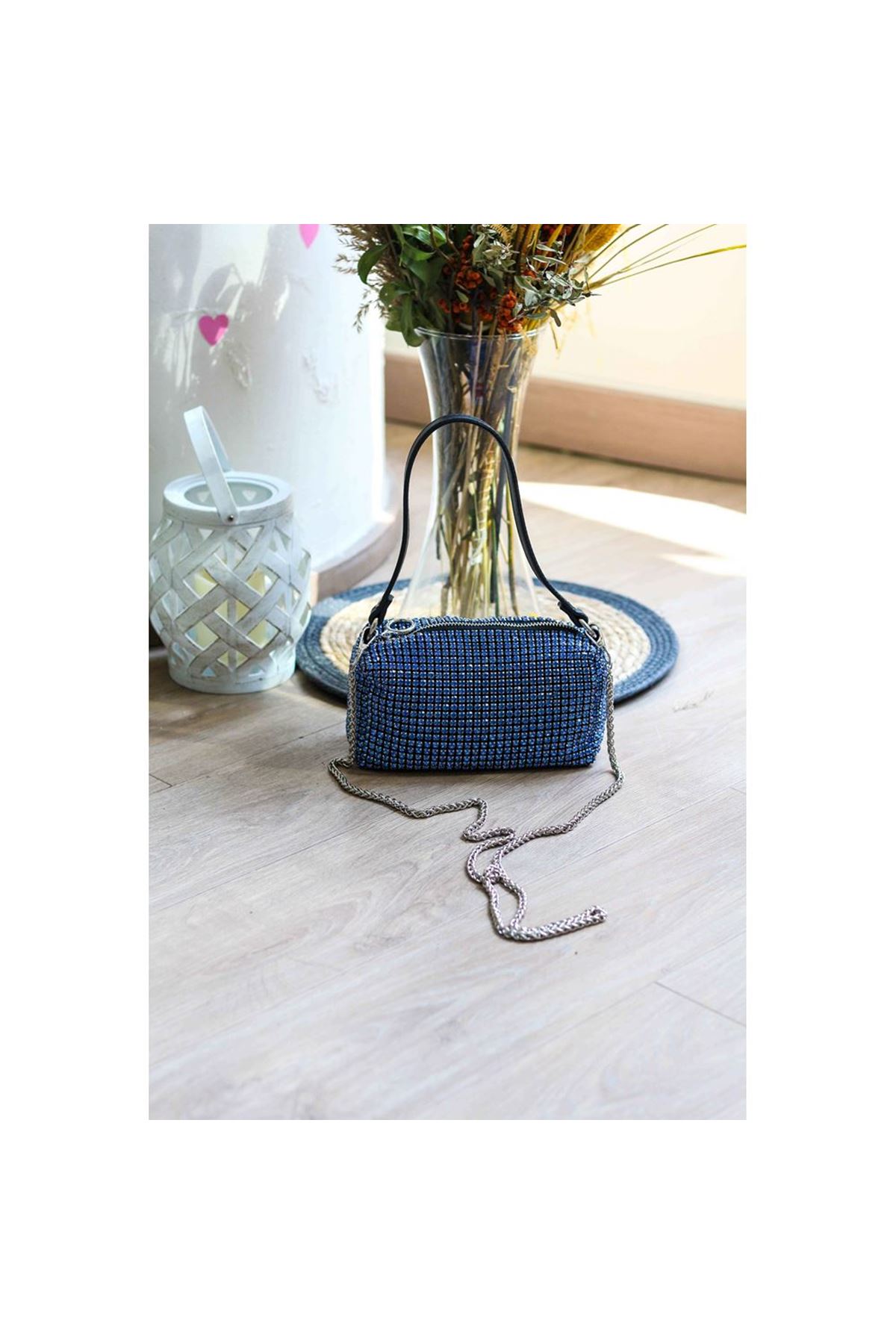 Mavi Özel Form Taşlı Abiye Çanta
