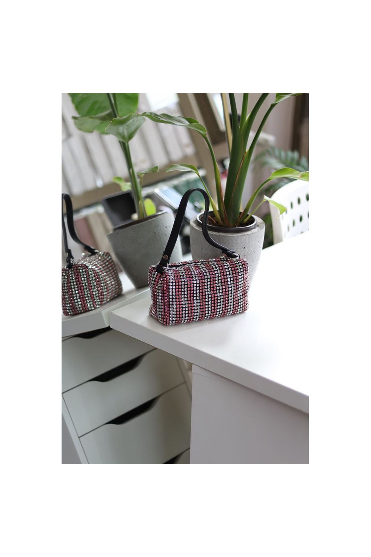 Kadın Silver Pembe Deri Askılı Taşlı Abiye Omuz Çantası