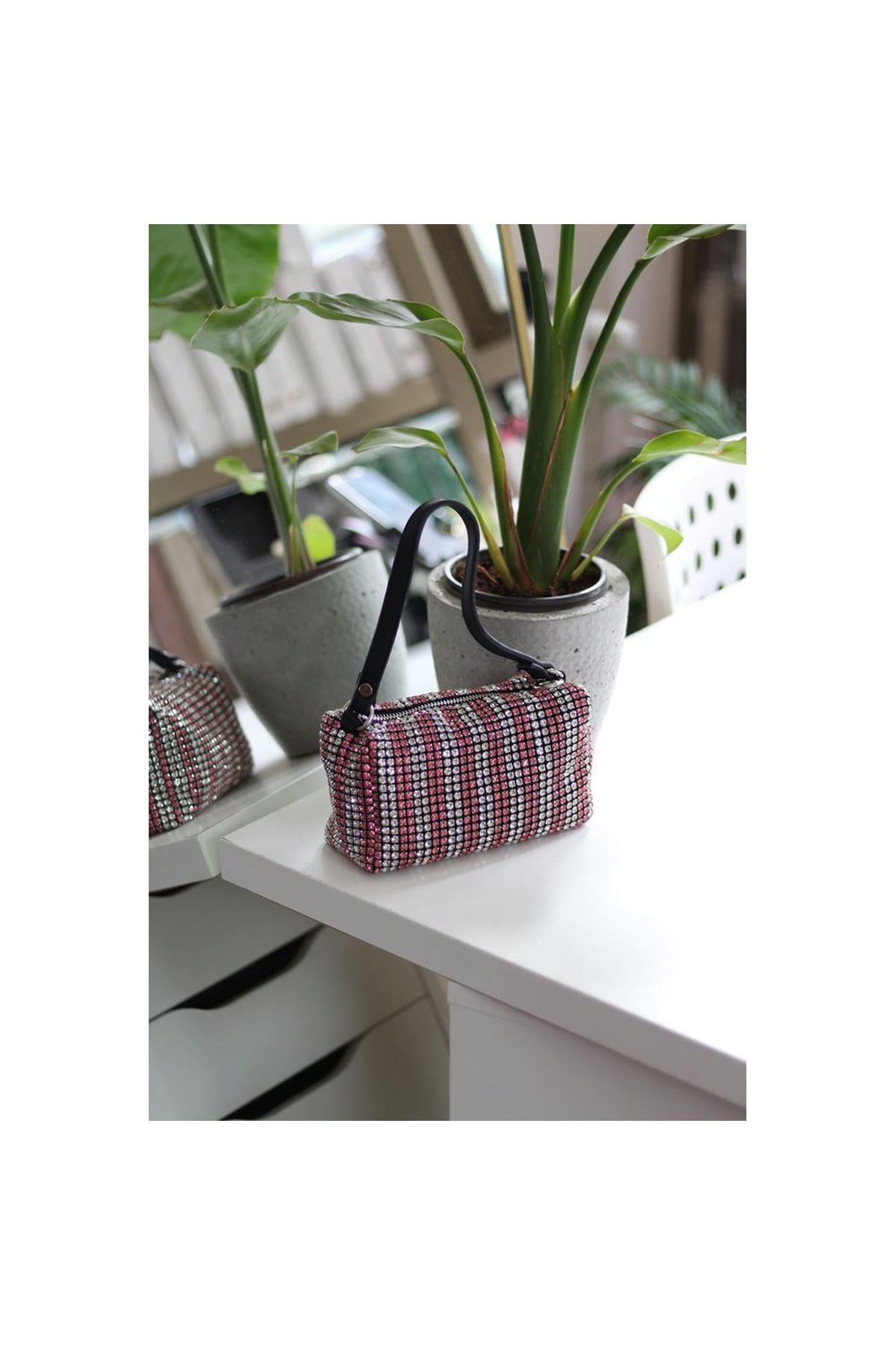 Kadın Silver Pembe Deri Askılı Taşlı Abiye Omuz Çantası