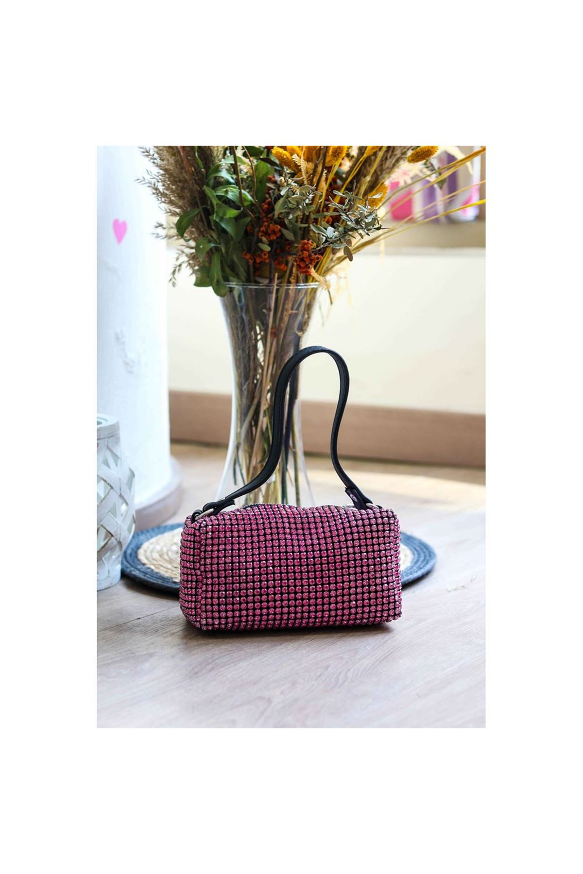 Fuşya Özel Form Taşlı Abiye Çanta