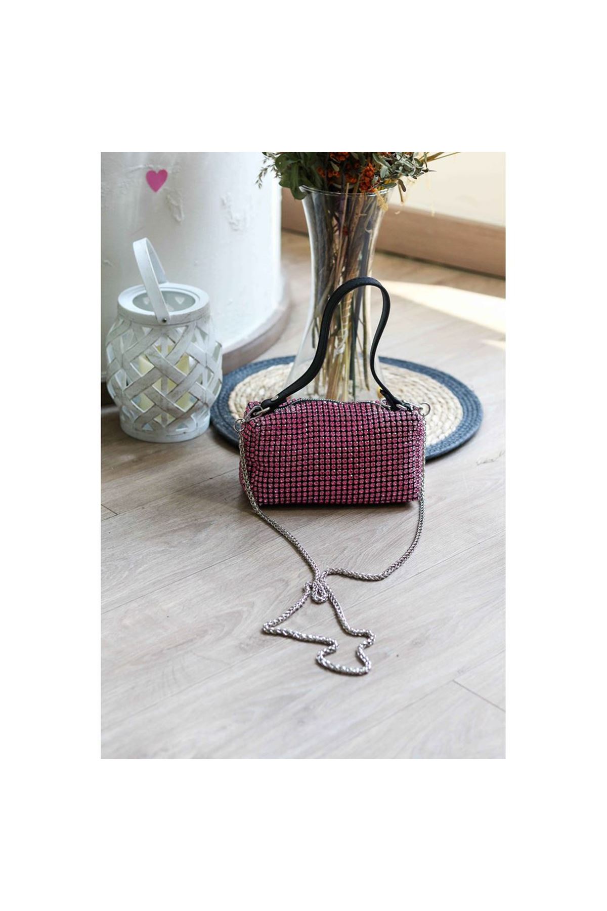 Fuşya Özel Form Taşlı Abiye Çanta