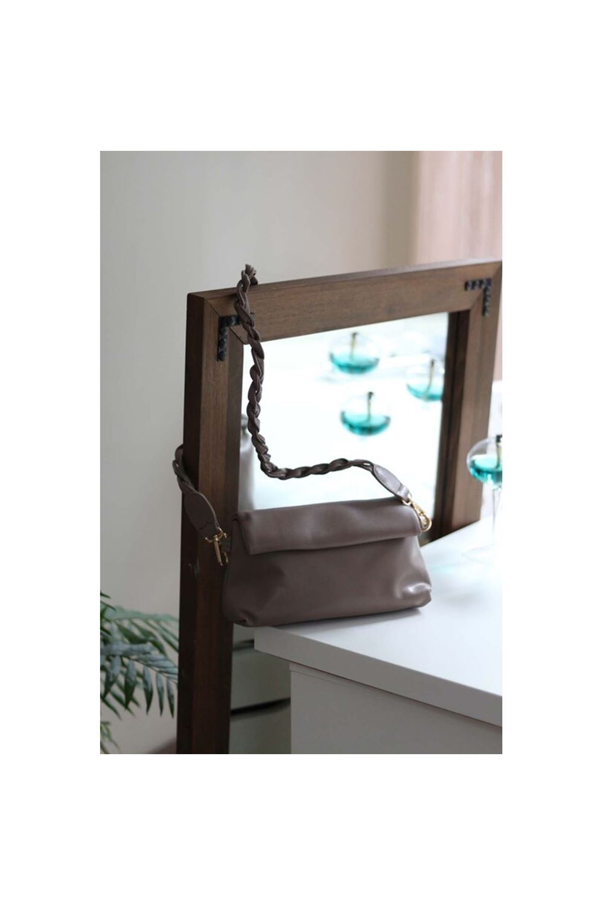 Kadın Vizon Örgü Saplı Yumuşak Dokulu Büzgülü Omuz Çantası