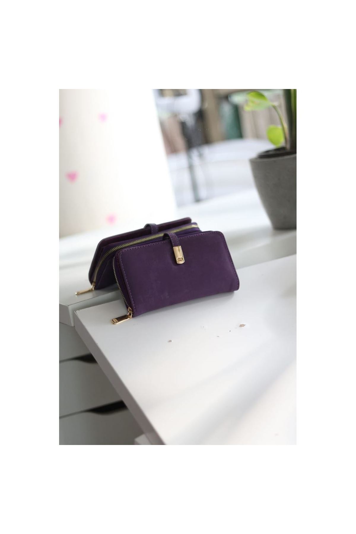 Kadın Mor Eskitme Doku Gold Aksesuar Detaylı Cüzdan