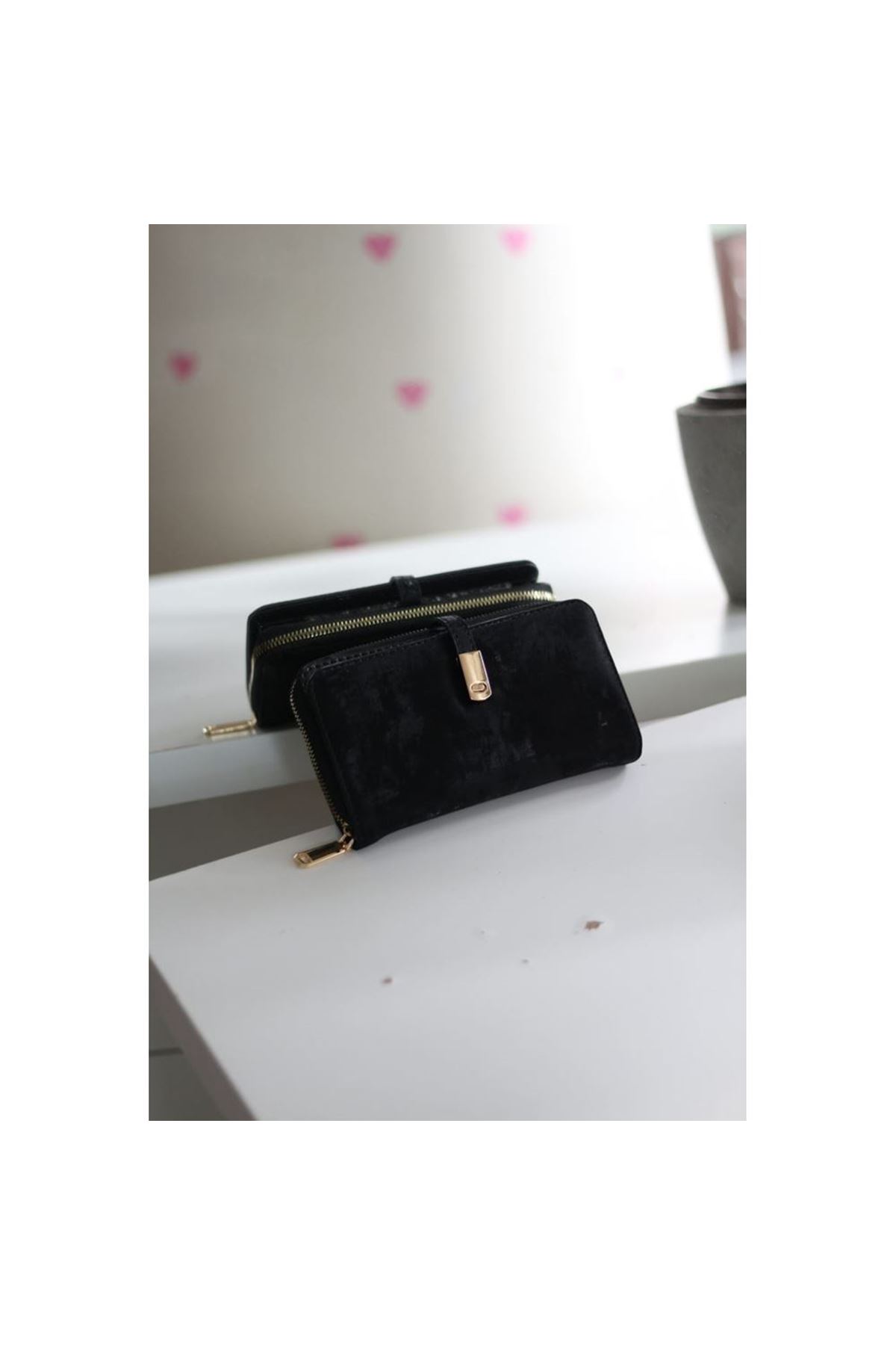 Kadın Siyah Eskitme Doku Gold Aksesuar Detaylı Cüzdan