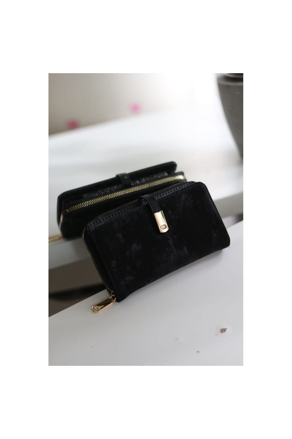 Kadın Siyah Eskitme Doku Gold Aksesuar Detaylı Cüzdan