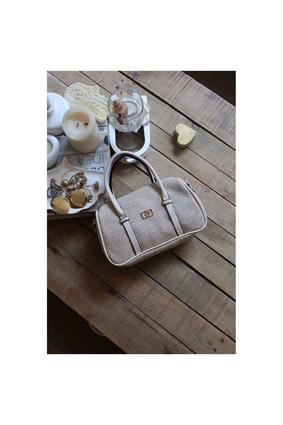 Krem Hasır Doku Çift Şeritli El Omuz Çantası