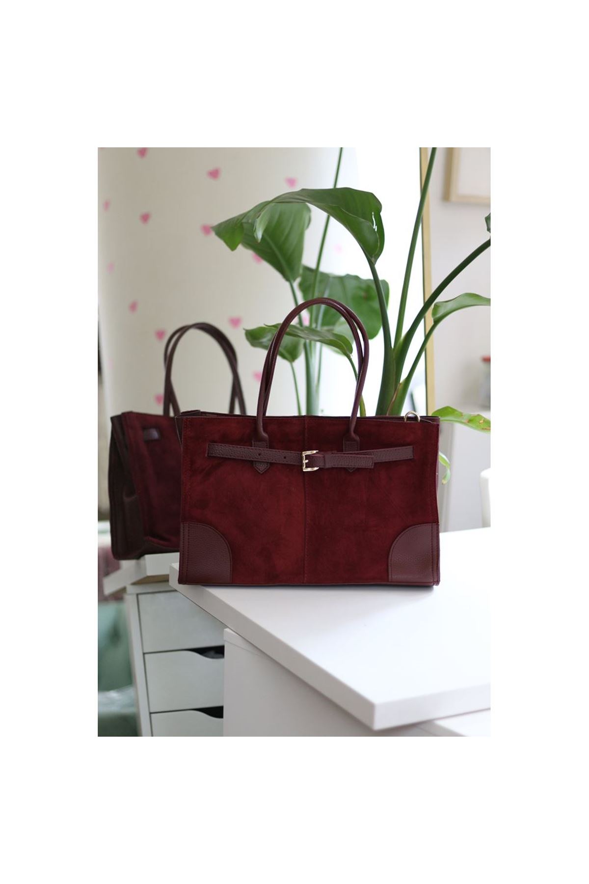 Kadın Bordo Süet Büyük Kopça Detaylı Büyük Boy Omuz Çantası