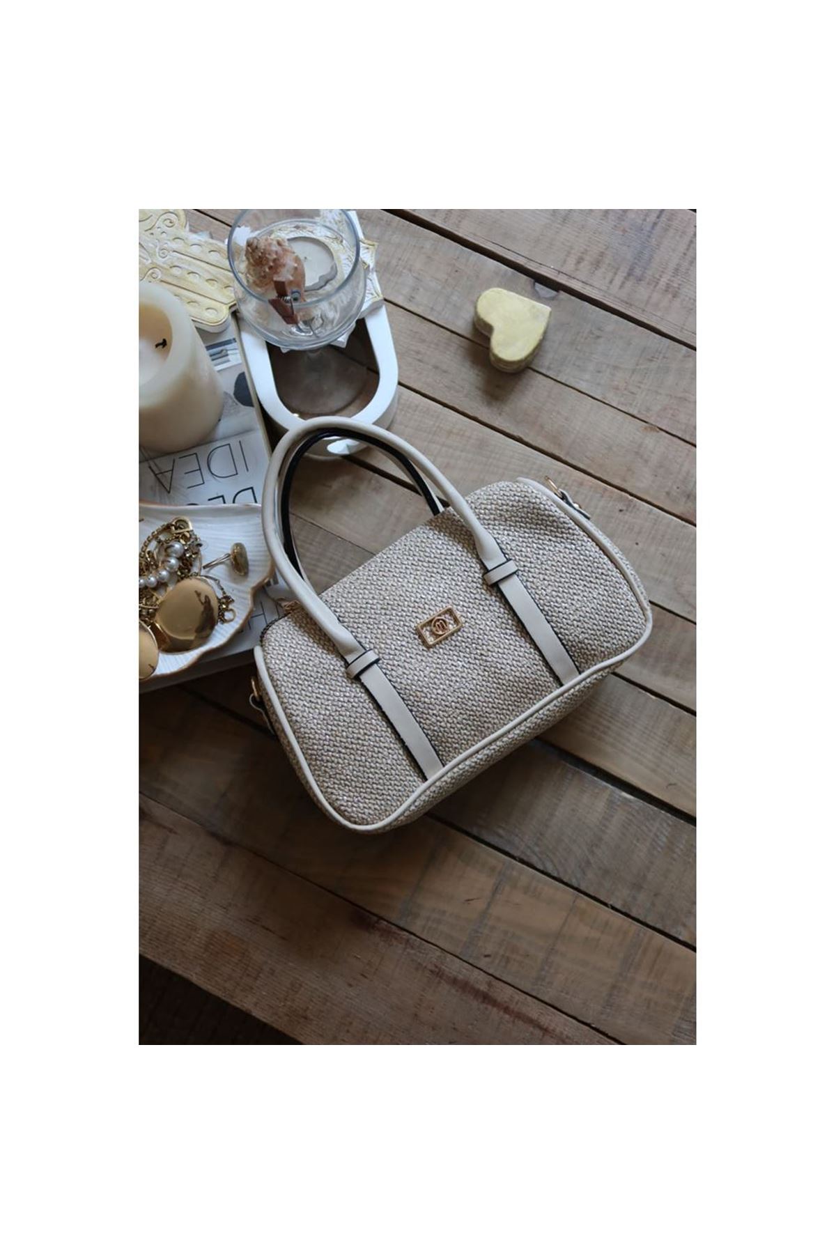 Krem Hasır Doku Çift Şeritli El Omuz Çantası