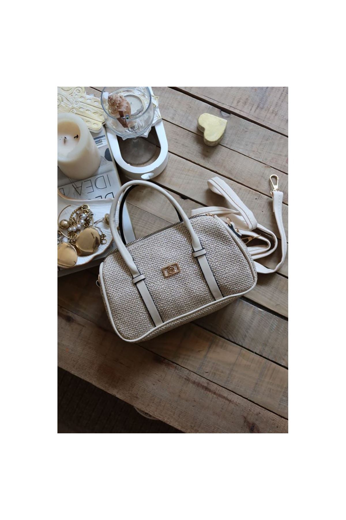 Krem Hasır Doku Çift Şeritli El Omuz Çantası