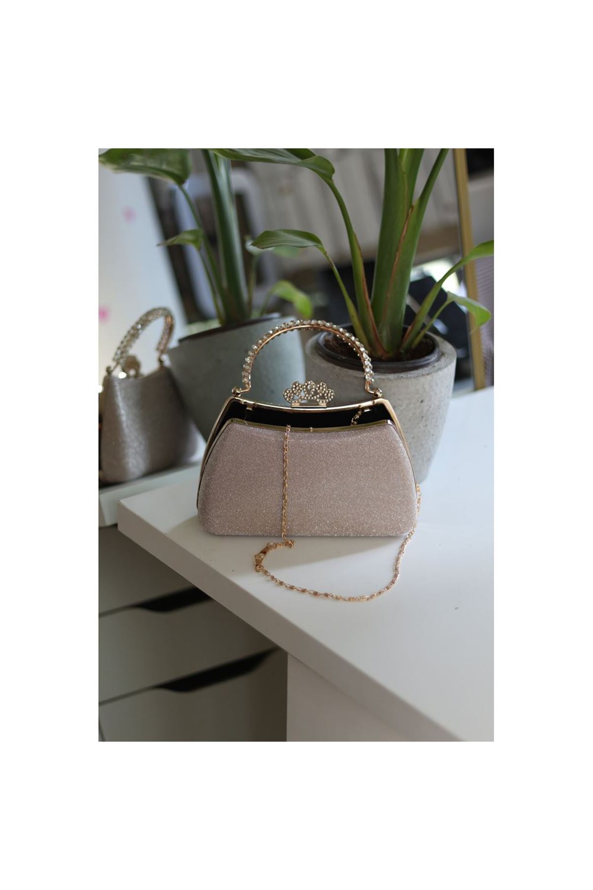 Kadın Rose Gold Kristal Tutma Saplı Abiye El Çantası