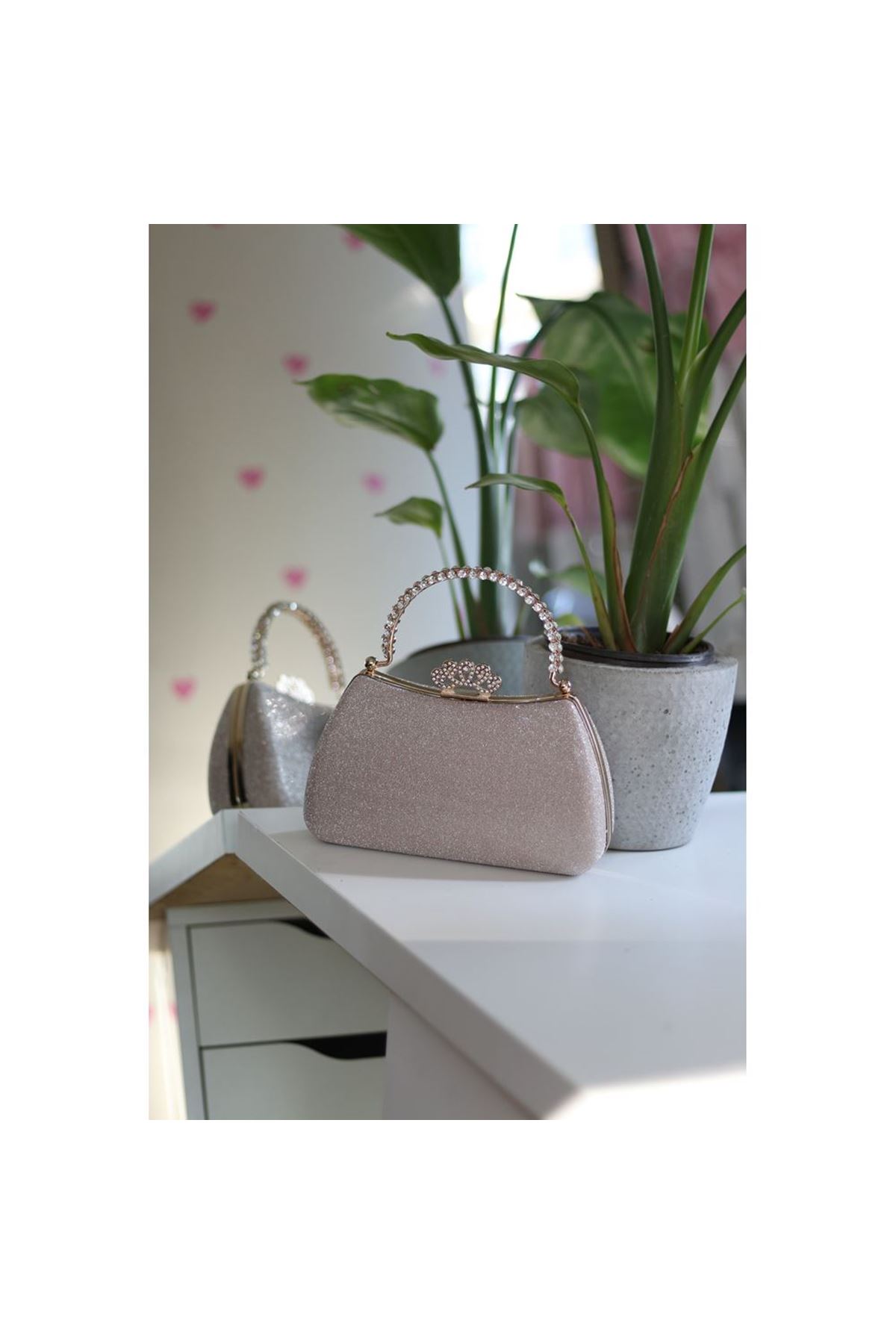 Kadın Rose Gold Kristal Tutma Saplı Abiye El Çantası