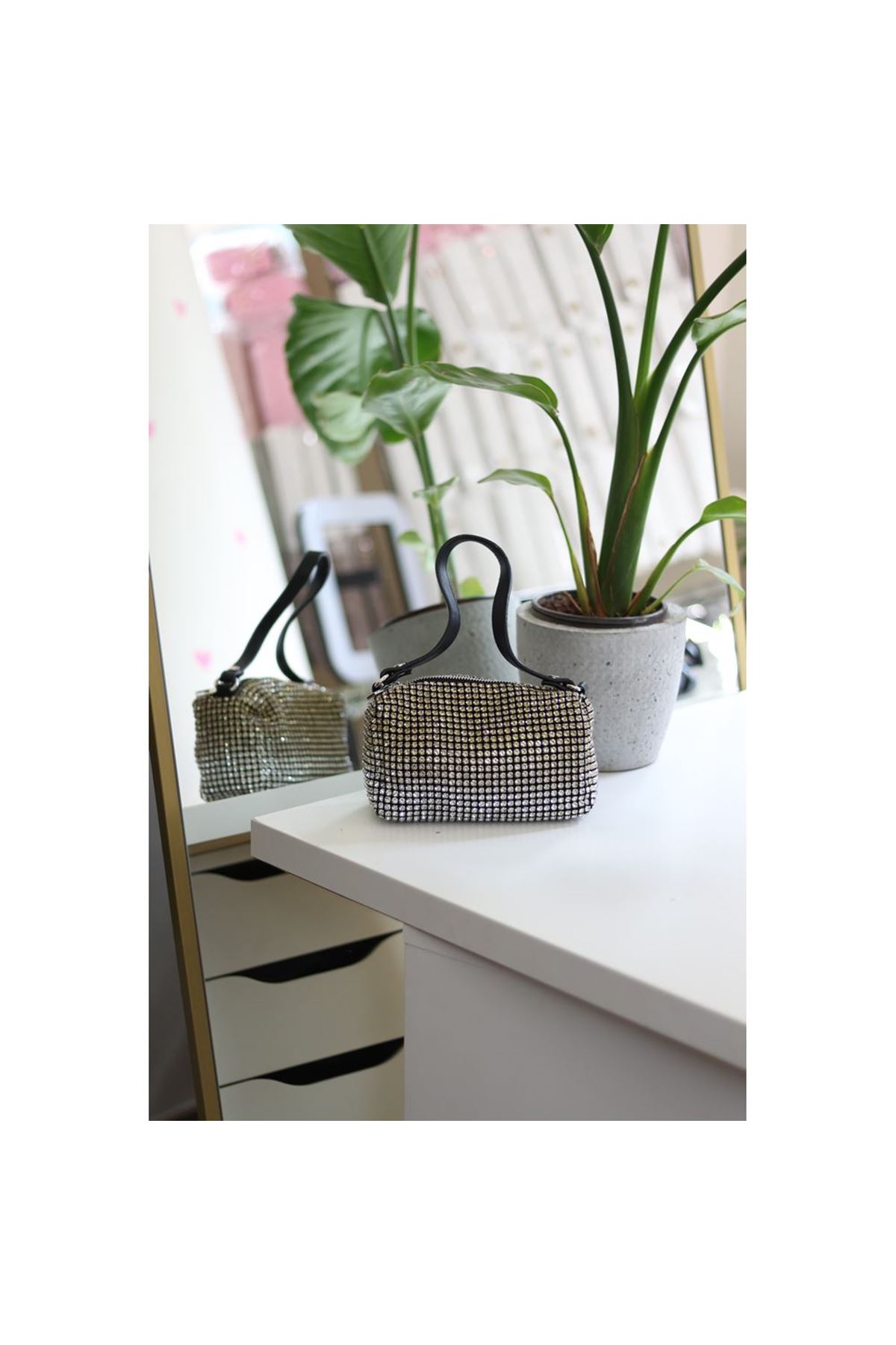 Kadın Silver Sarı 2 Renkli Detaylı Deri Askılı Taşlı Abiye Omuz Çantası